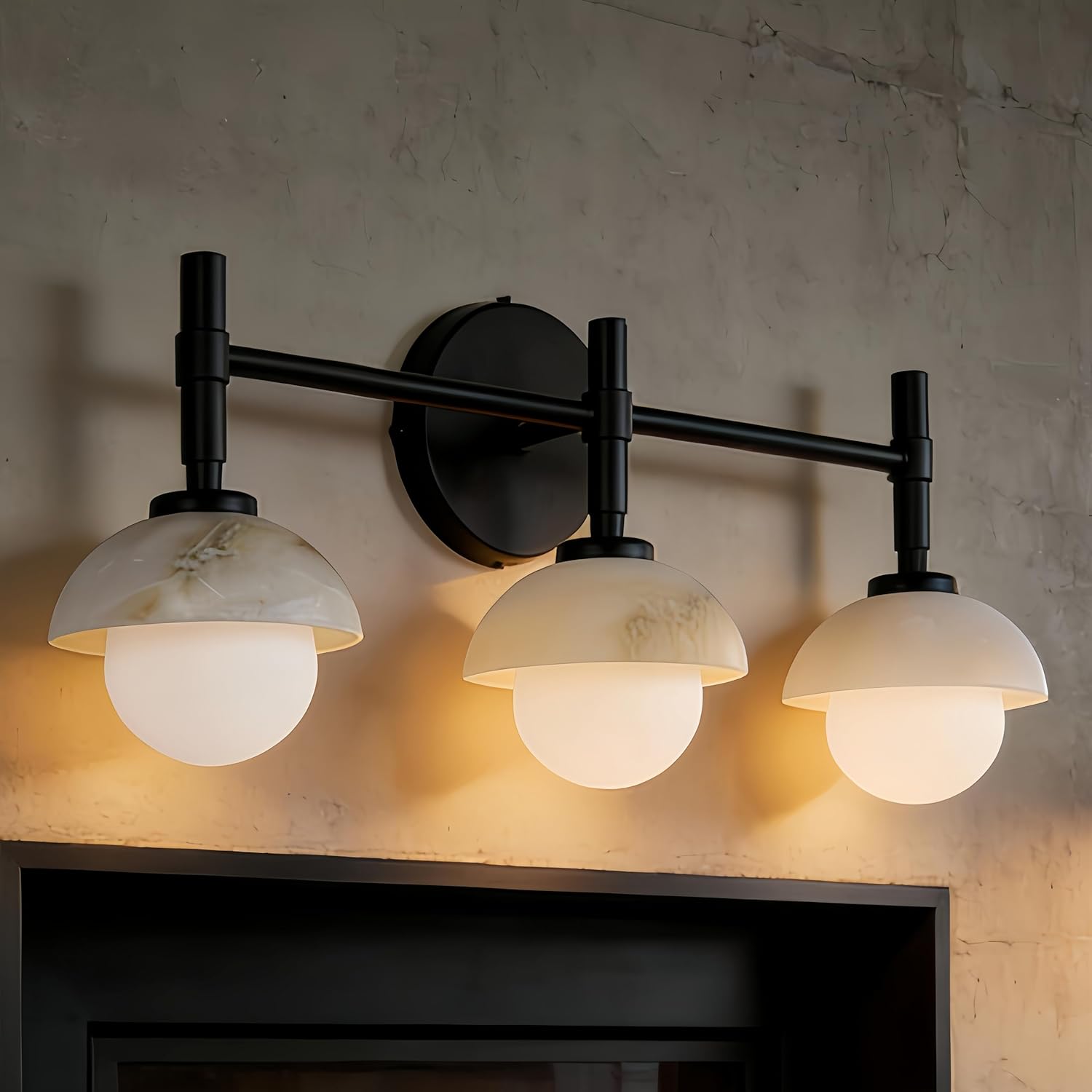 Alabaster 3-Light Wall Sconce, 21 Inch Modern Natural Marble Bathroom Vanity Sconce, Matte Black Alabaster Sconce Wall Lighting, Hand-Carved Wall Light Fixtures Decor for Hallway, Bathroom (Black)