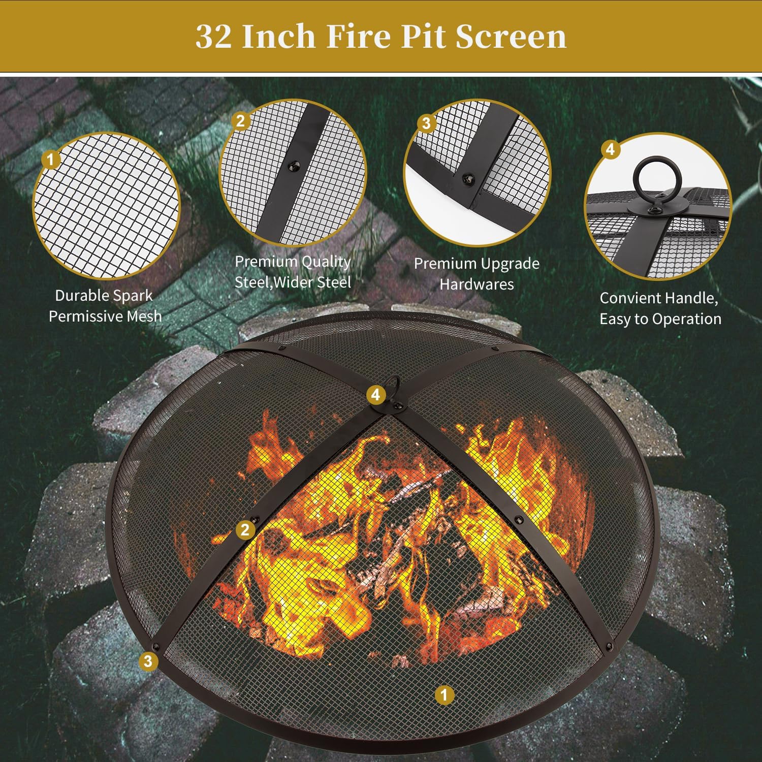 32Inch Heavy Duty Steel Fire Pit Spark Screen Cover,Outdoor Round Patio Mesh FirePit Screens Guard,Domed Fire Pit Ember Lid with Handle