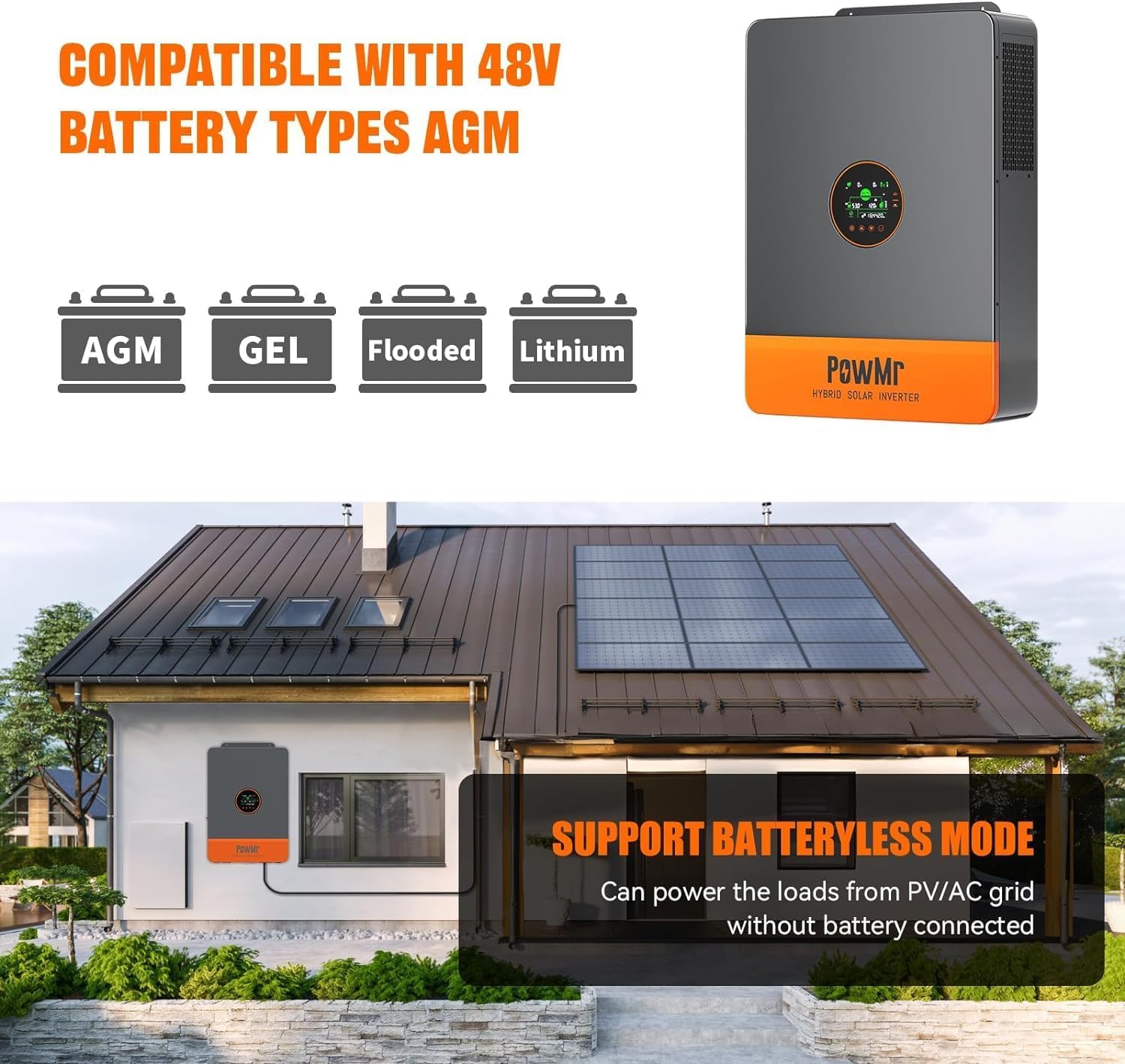 PowMr Solar Inverter 5200W 48Vdc to 110Vac, 5200W Split-Phase Solar Inverter Built-in 100A MPPT Controller | Max.PV Input 6KW 500VOC | Support 6 Units Parallel and Batteryless Run