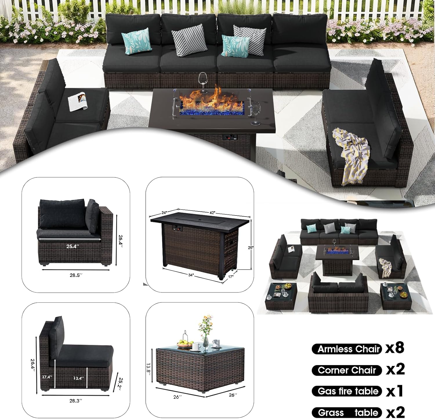 Grezone Outdoor Patio Furniture Set with Fire Pit Table, 13 Pieces Outdoor Furniture Set Patio Sectional Sofa w/42in Propane Fire Pit, PE Wicker Rattan Patio Conversation Sets - Black