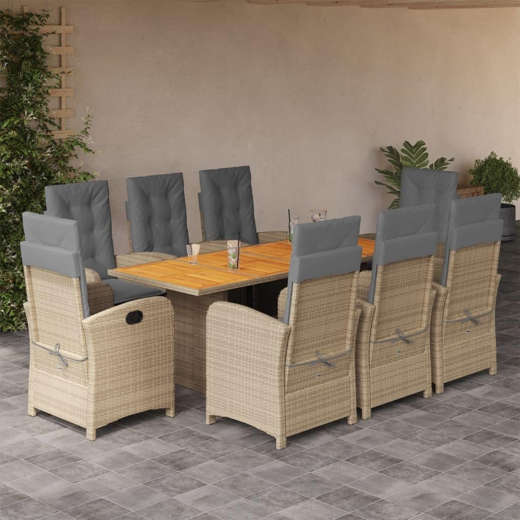 9 Piece Patio Dining Set with Cushions Gray Poly Rattan,Outdoor Garden Dining Set with Reclining Chairs and Acacia Wood Table Patio Furniture Sets, Outdoor Furniture Sets