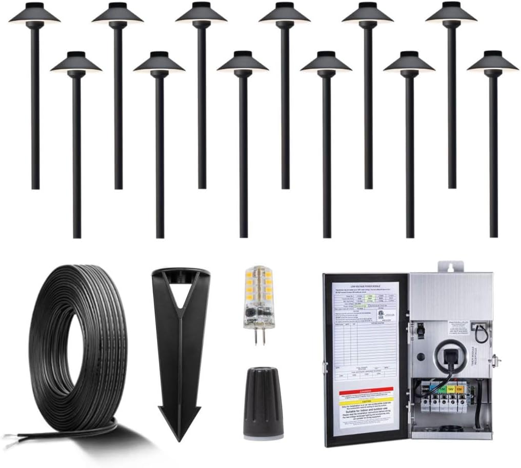 Gardenreet Solid Brass 12V LED Landscape Lighting Kit (12 Black Path Lights) with 300W Low Voltage Transformer and Mechanical Timer and 250FT Wire and 50Pack Connectors for Outdoor Pathway Garden