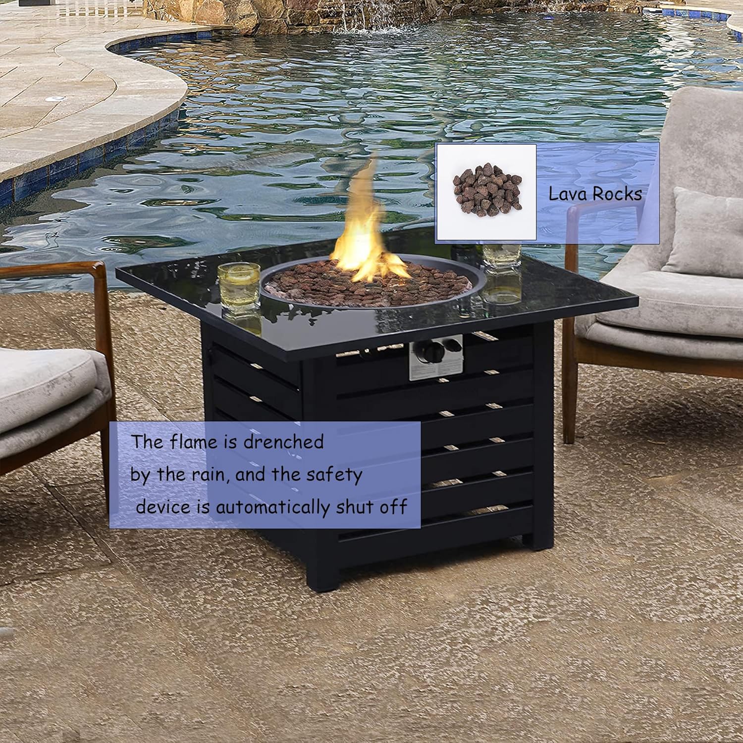 Fire Pit Table, 32-inch Square 50,000 BTU Auto-Ignition Propane Firepit with Waterproof Cover
