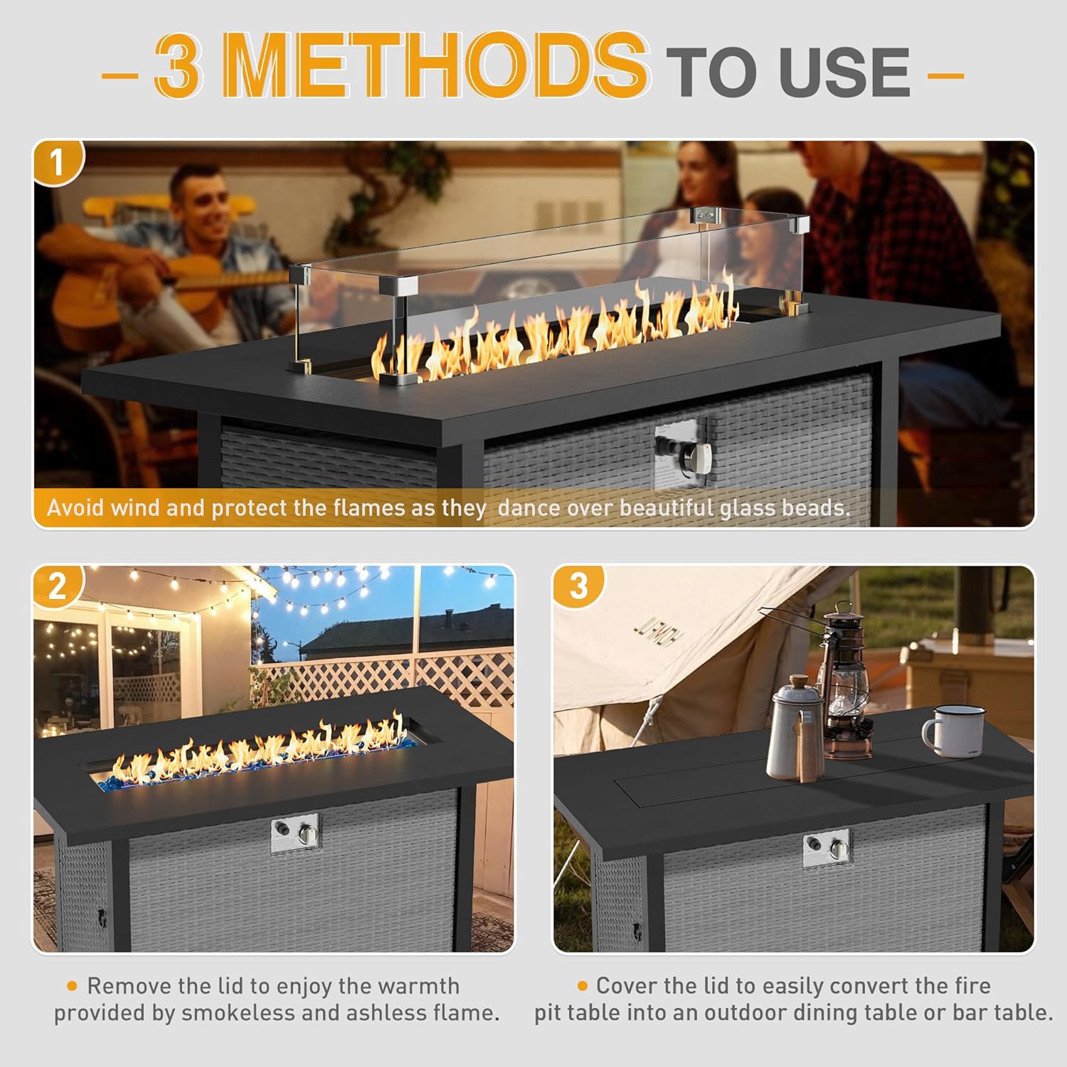 45 Inch Propane Fire Pit Table, 50,000 BTU Outdoor Rectangular Wicker Gas Fire Table with Firepit Lid, Steel Tabletop, Glass Wind Guard, Blue Glass Stone and Waterproof Cover, Grey