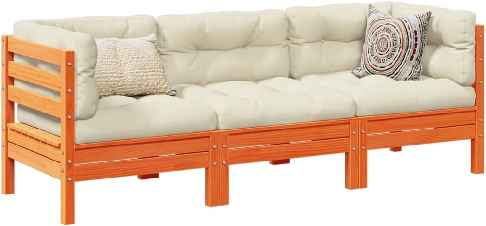 Furniture Sets 3 Piece Patio Sofa Set with Cushions Wax Brown Solid Wood Pine,Pinewood Outdoor Sofa Set with Cushions for Backyard, Terrace, or Patio Garden Conversation Sets