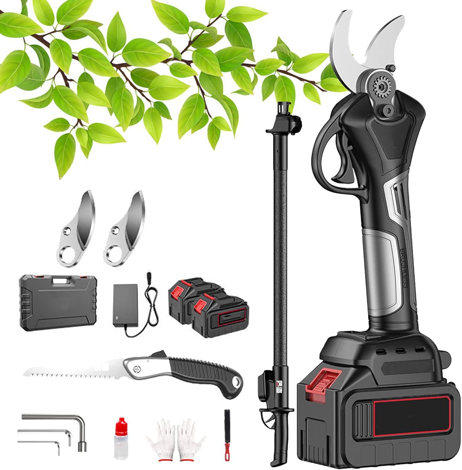 Extendable Tree Pruning Pruner 21V Cordless Electric Pruning Shears, 50mm Cut Electric Pruner Battery Powe Extension Pole, 2 Rechargeable Battery, Tree Branch Scissors for Pruning Grafting
