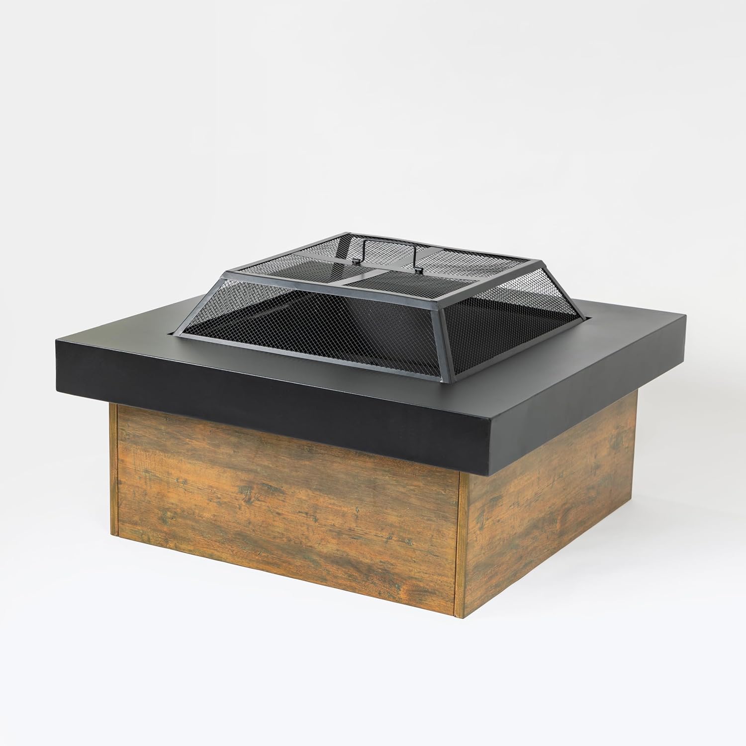 Black 36x24 inch Steel Fire Pit Table with Woven Pattern Detailing Durable Construction for All Weather Wood Burning Enjoyment