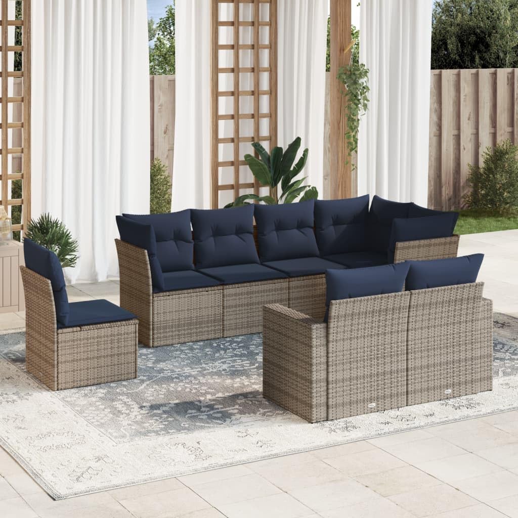 8 Piece Patio Sofa Set, Gray Poly Rattan Outdoor Sectional Furniture with Cushions, Modular Garden Seating for Backyard, Terrace
