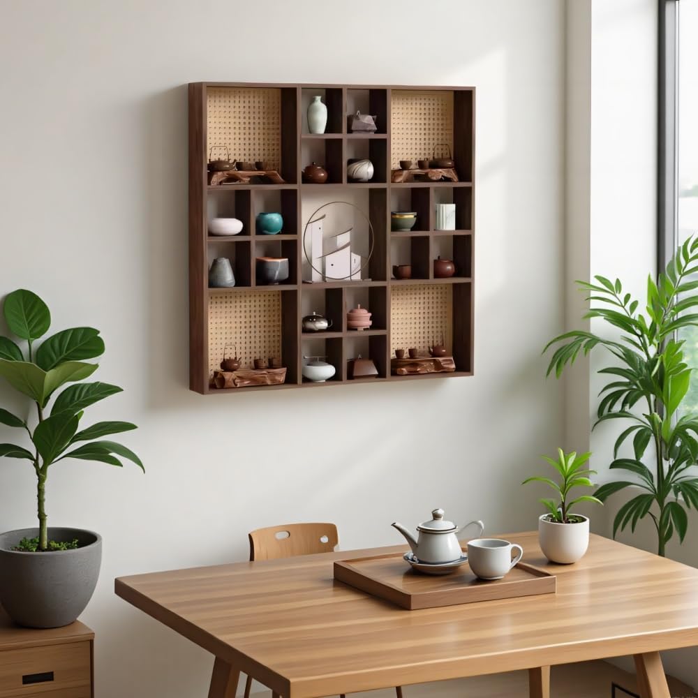 Square Shelf with Rattan Back Panel, Solid Wood Floating Shelf, Wall Mounted Cube Storage Organizer, Mug Holder Wall for Kitchen & Living Room