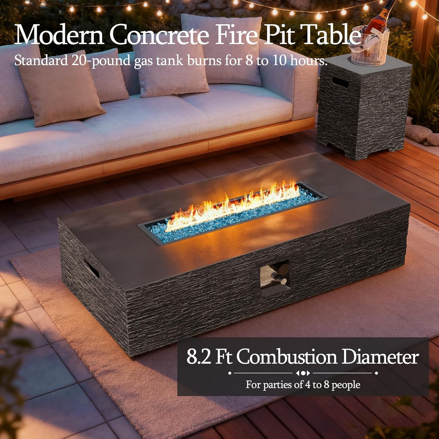 UPHA 56-inch Outdoor Propane Gas Fire Pit Table 50000 BTU Concrete Rectangle FirePit for Outside Patio with Propane Tank Cover, Blue Glass Rocks, Rain Cover, Grey Horizontal Stripe