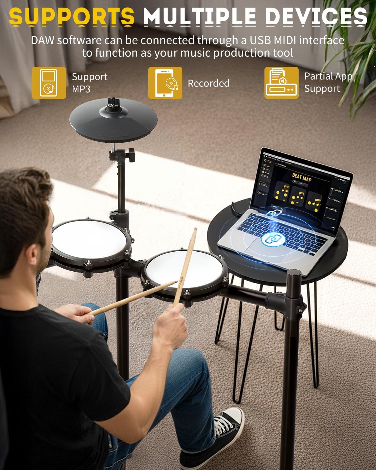 Ktaxon Electric Drum Set, Electronic Drum Set with USB MIDI, Dual Power Modes, 3 Smart Coaching, Dual Zone Triggering, Metronome, Record, 225 Authentic Sounds, 64 Polyphony & 30 Demos for Adults(Full)
