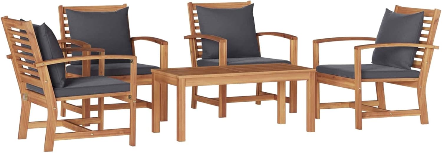 Garden Sofa Set 5 pc, Natural Solid Teak Wood, Outdoor Patio Furniture with Removable Cushions, Balcony Dining Table and Chairs Set