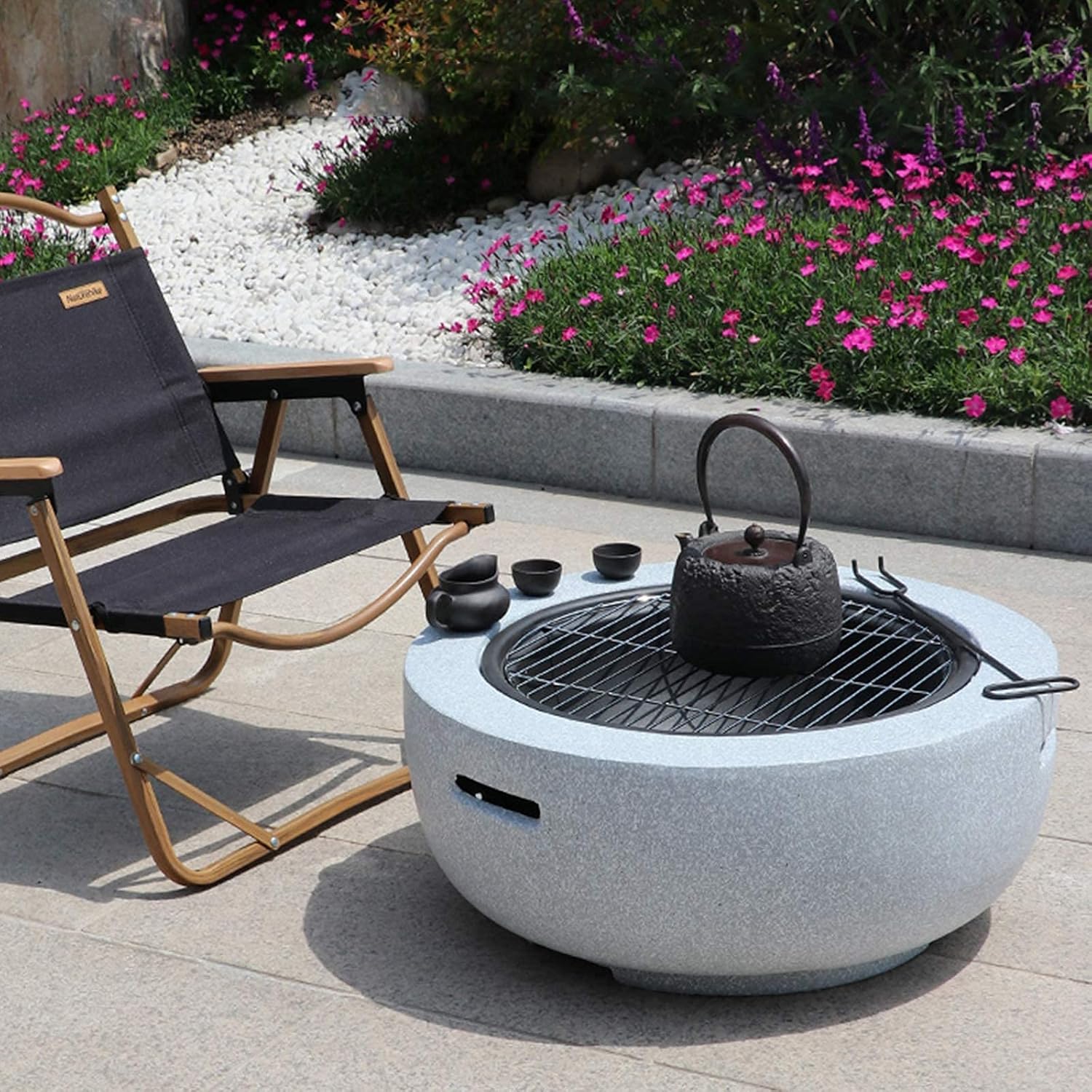 Outdoor Fire Pit, Concrete Round Firepit Charcoal and Wood Burning Firepit Bowl Bonfire with Spark Screen, Grate, and BBQ Grill, for Outdoor Patio Garden Backyard Decking