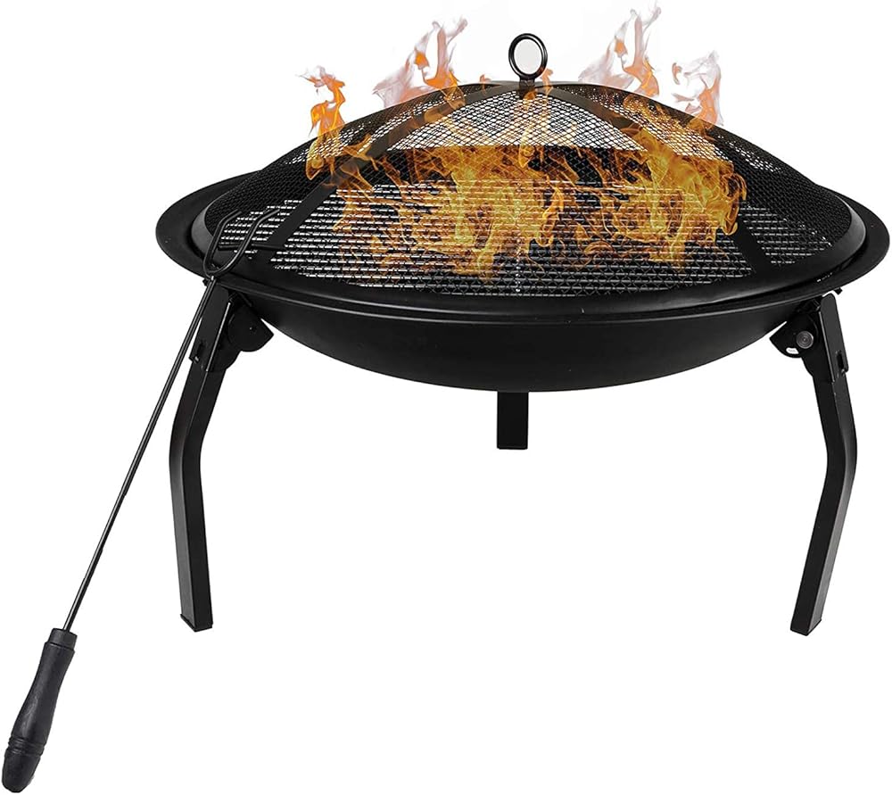 Fire Pit 22 Inch Folding Outdoor Fire Pit, Wood Burning Round Firebowl, with Waterproof Fabric Carrying Bag, for Picnic Camping, Black