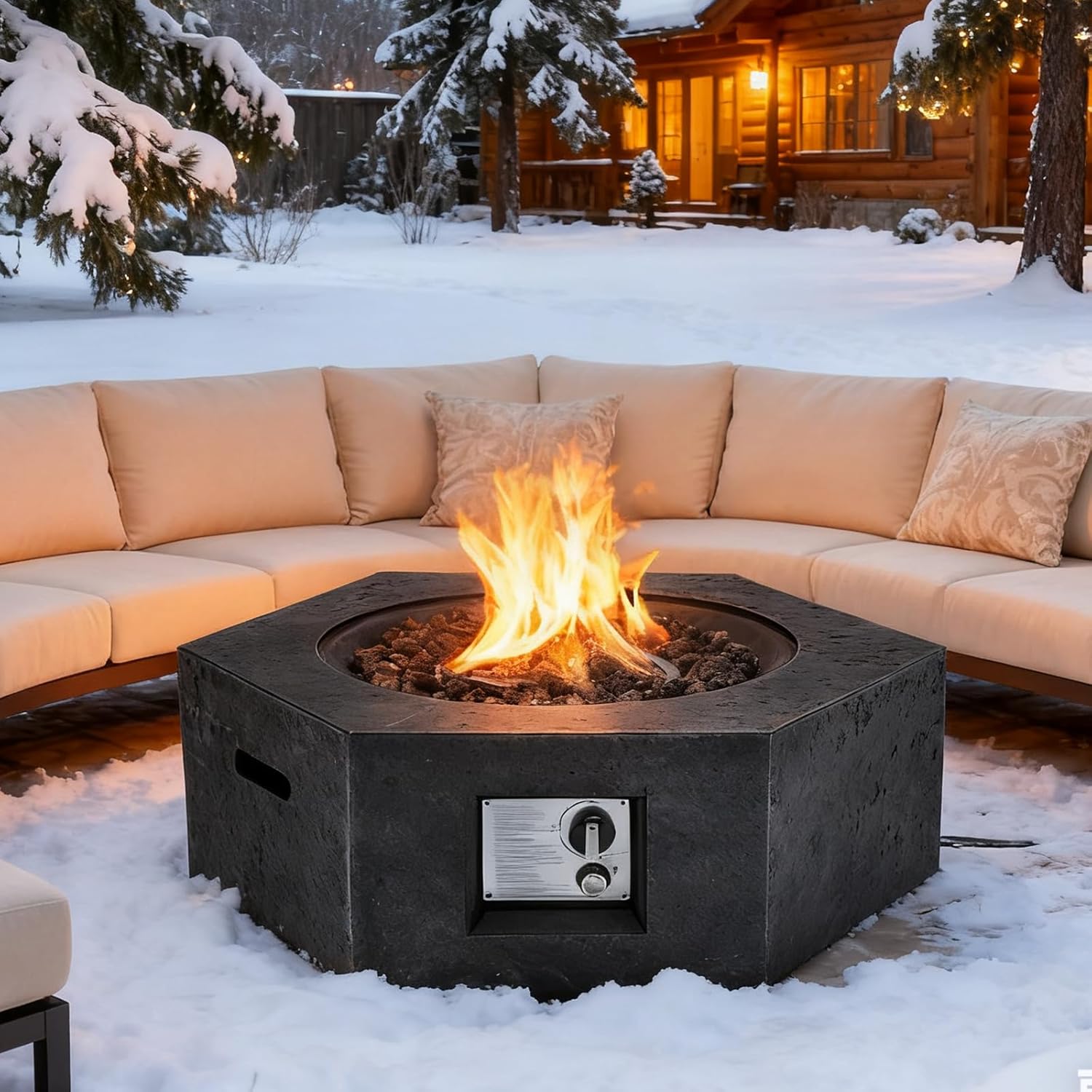 ECOTOUGE Hexagon Gas Fire Pit, Outdoor Propane Firepit Table Set w/Side Handles,50,000 BTU Concrete fire Pit, 30''Auto-Ignition Steel Fire Table w/Weather-Resistant Pit Cover, Lava Rocks, Black