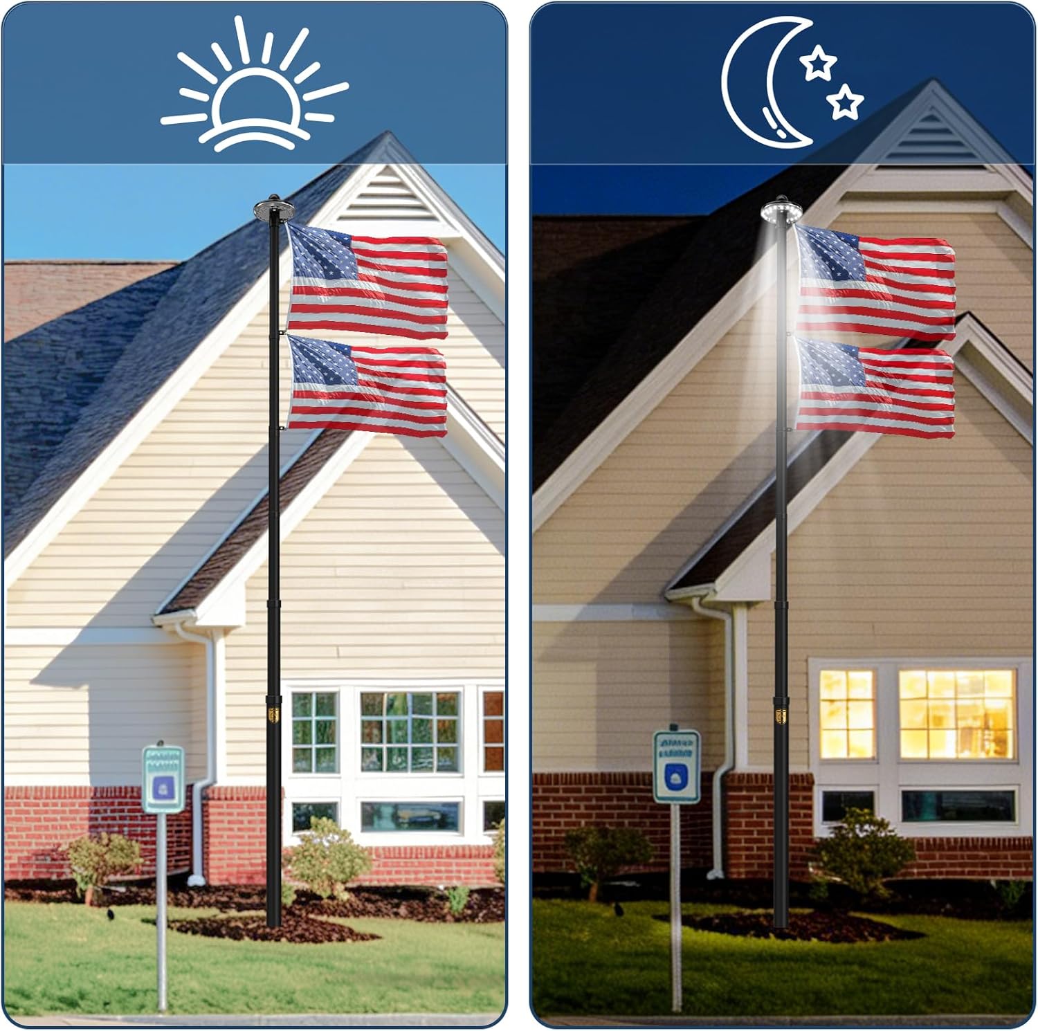 20 FT 11-Gauge Heavy Duty Flag Pole with Solar Light,Extra Thick Telescoping Aluminum Flagpole with 3x5 Embroidered USA Flag for Outside House or Commercial,Residential,Outdoor,100MPH Wind
