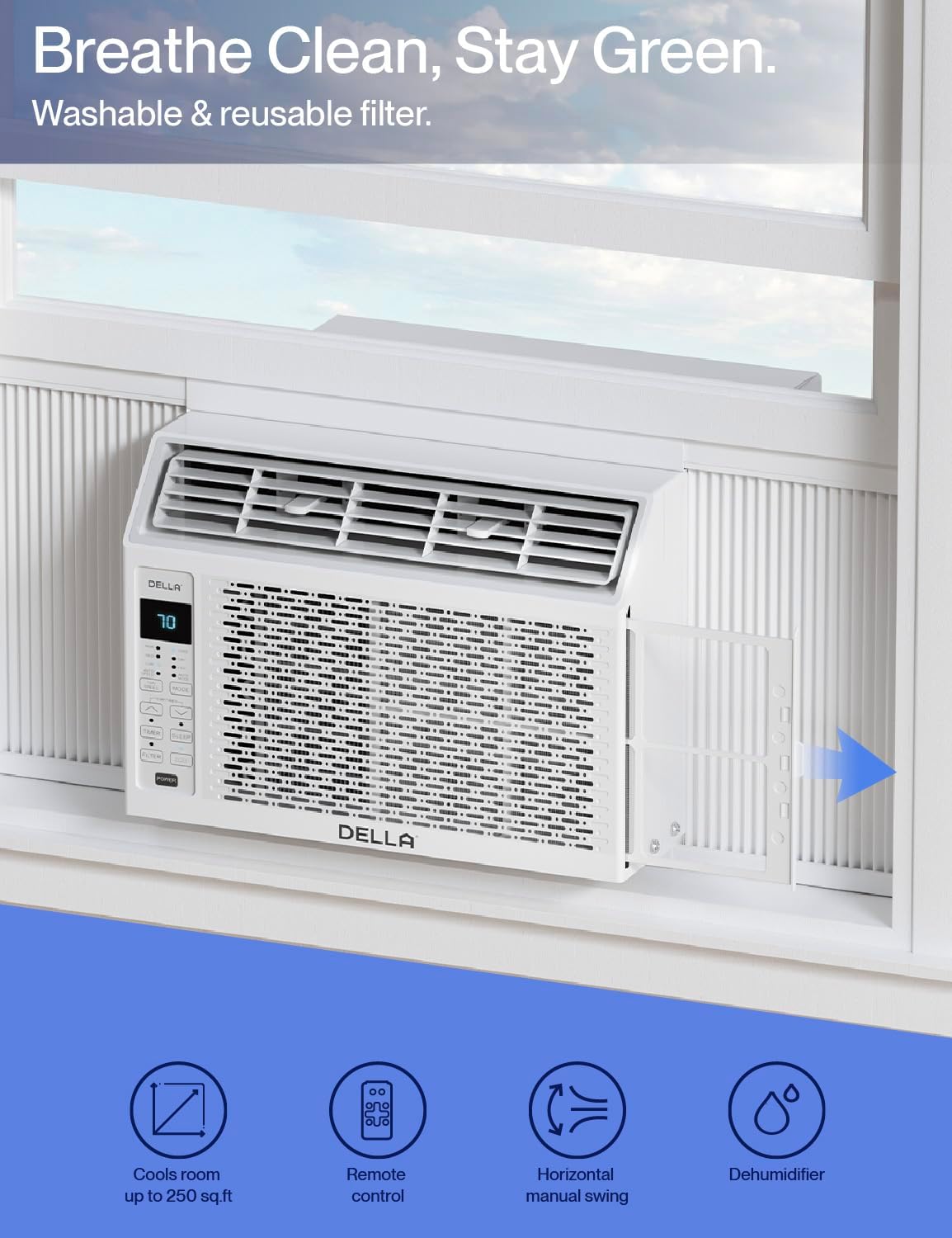 DELLA 6000 BTU Energy Saving Window Air Conditioner, Cools Up to 250 Sq. Ft, Work with Alexa, GEO Location, AC Unit with WIFI Smart Controls, Remote, Dehumidifier, Fan, Reusable Filter, Easy Install