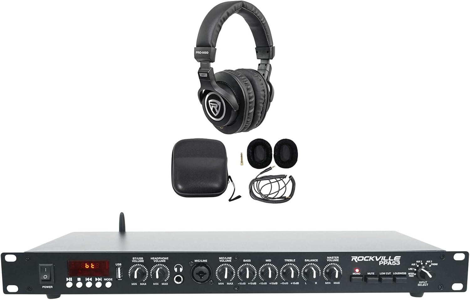 Rockville Bundle: Rockville PPA53 Preamp Pro 1U Pre-Amplifier w/Bluetooth/USB/Computer Interface Bundle with Rockville PRO-M50 Studio Headphones w/Detachable Coil Cable (2 Items)