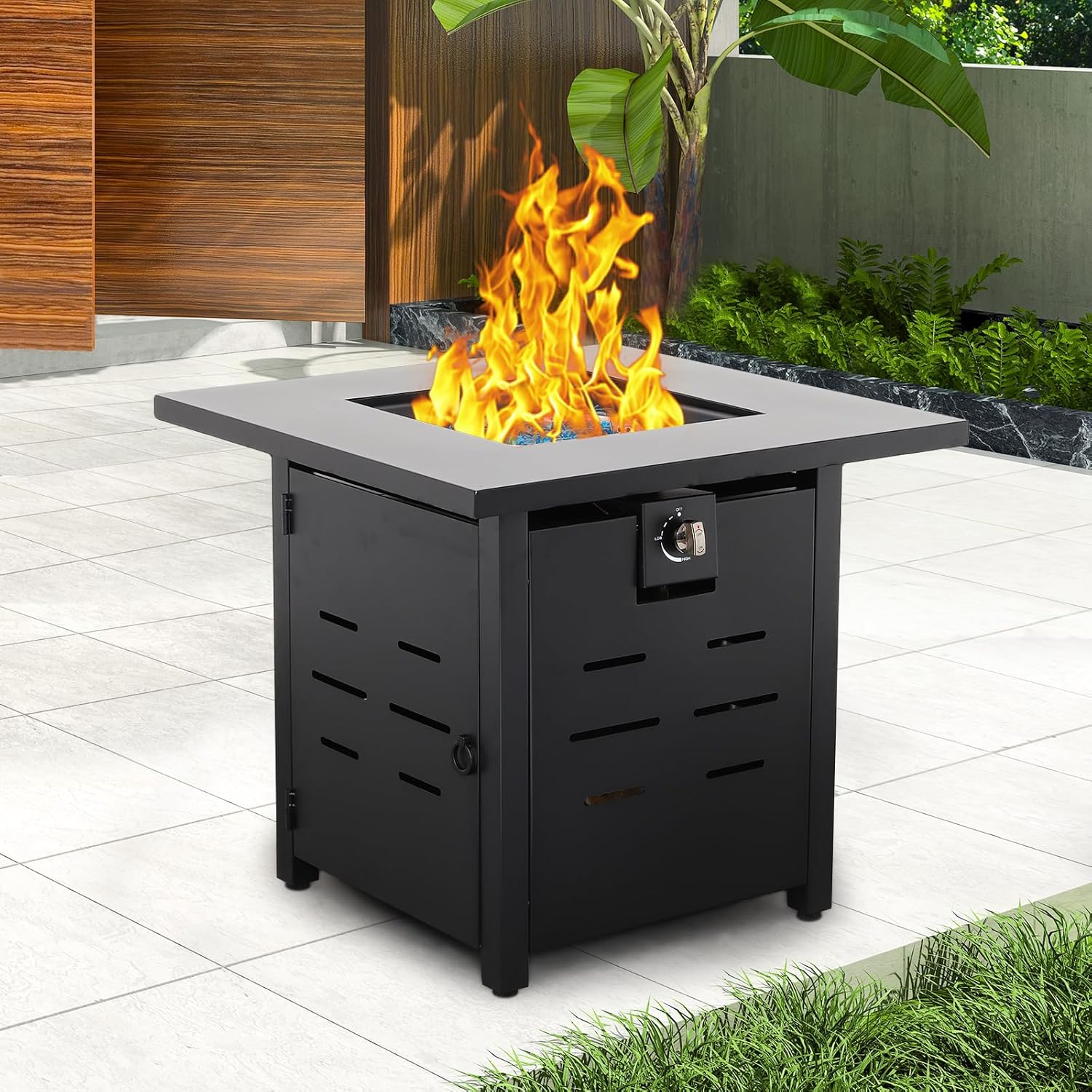 Propane Fire Pit 28 Inch Outdoor Fire Pit 50000 BTU Square Gas Fire Table with Steel Lid Blue Crystal Beads and Waterproof Cover for Outside Patio and Garden
