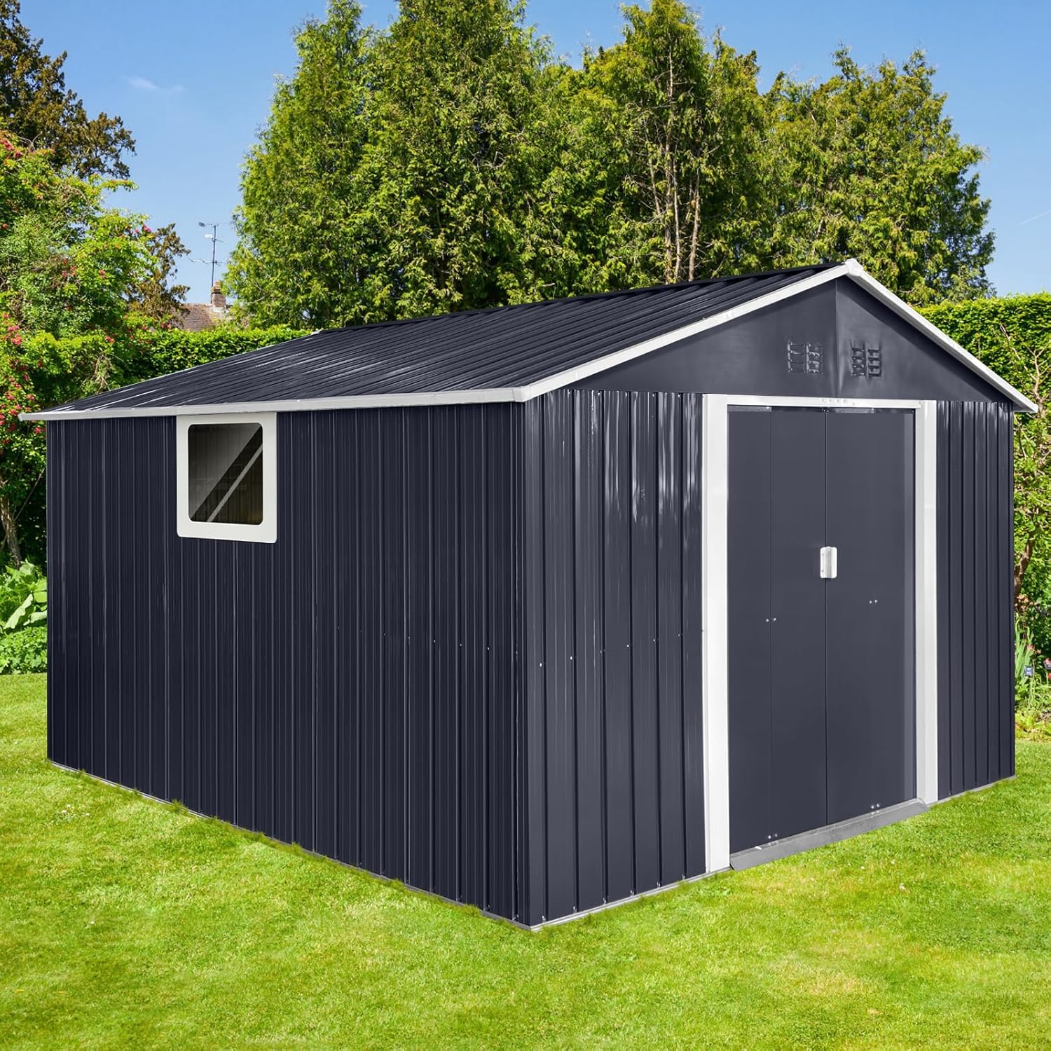 KEIKI 10.6 x 11.2FT Outdoor Storage Shed with Window, Sliding Door, Sloped Roof，Metal Garage Tool Bike Sheds for Backyard, Garden, Patio, Lawn,Gray