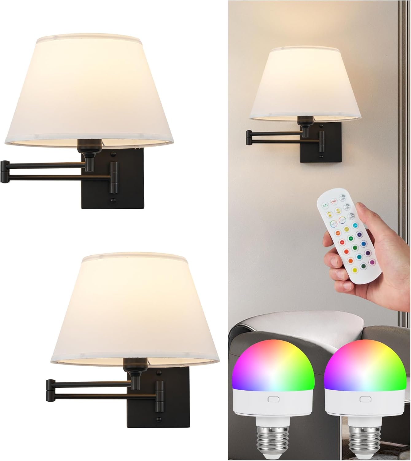 Wireless Wall Sconce Set of 2, Battery Operated Light Bulb & Remote Control, Swing Arm Wall Light with Rechargeable Bulb, Adjustable Color Light, Dimmable, Large Beige Fabric Shade, Black