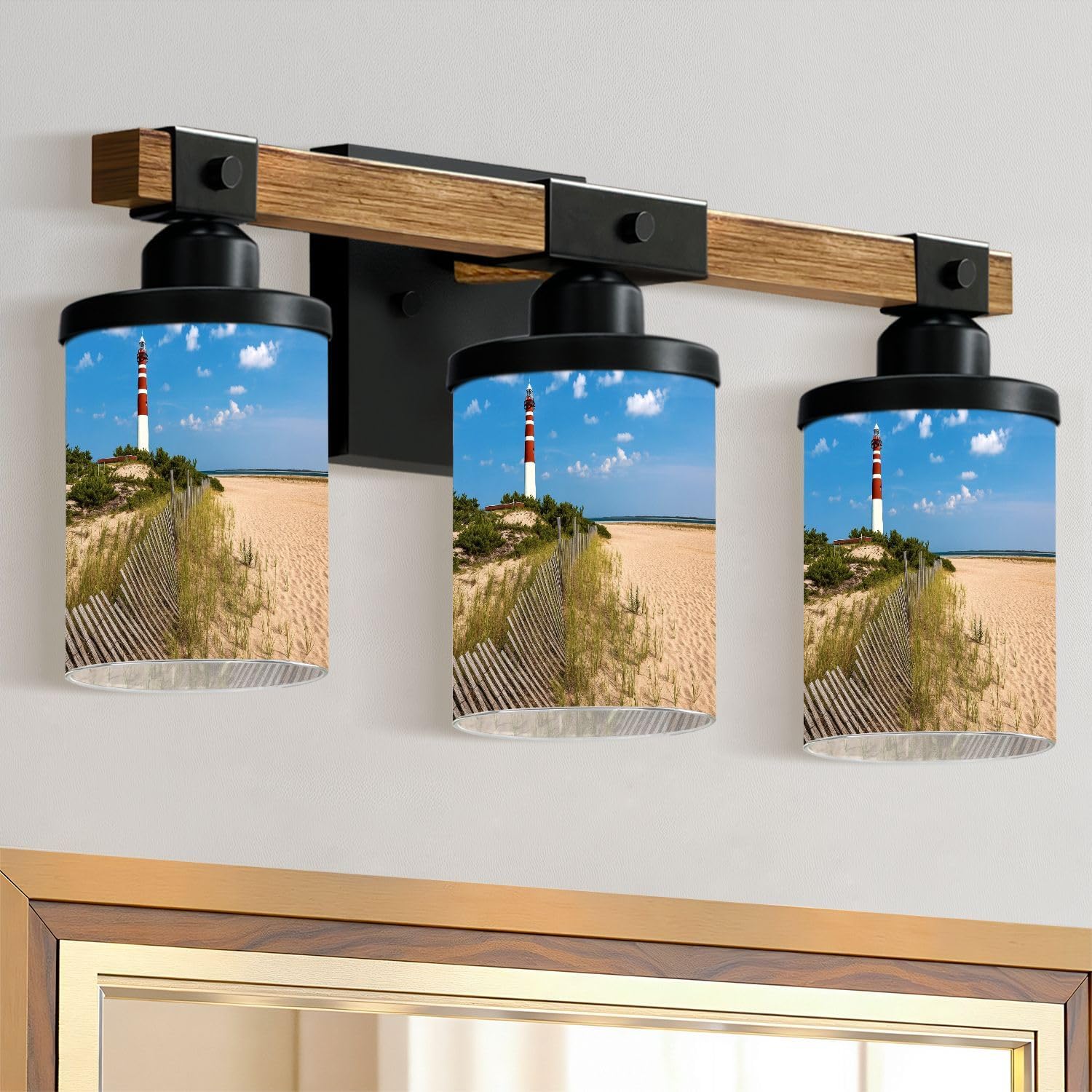 3-Light Bathroom Light Fixtures Barnegat Lighthouse Sand Beach Fence New Jersey Farmhouse Wood Vanity Lights Over Mirror Wall Lamp with Glass Shade Wall Sconces for Living Room