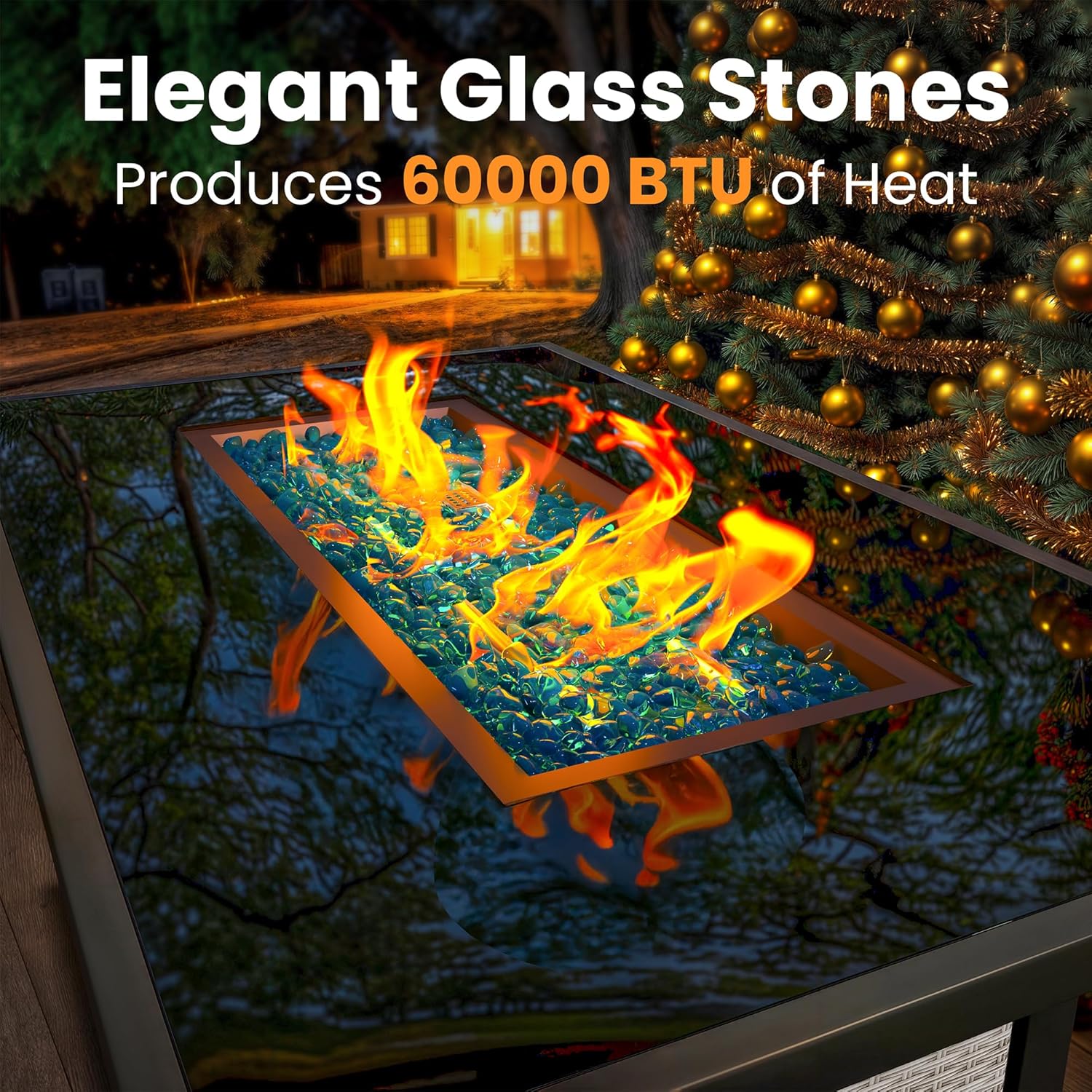 43-Inch Propane Fire Pit Table, Rattan Rectangular Outdoor Gas Fire Pit with Glass Wind Guard, Tempered Glass Tabletop & Lid, CSA Listed, 60,000 BTU, 304 Stainless Steel H-Burner, for Outside Patio