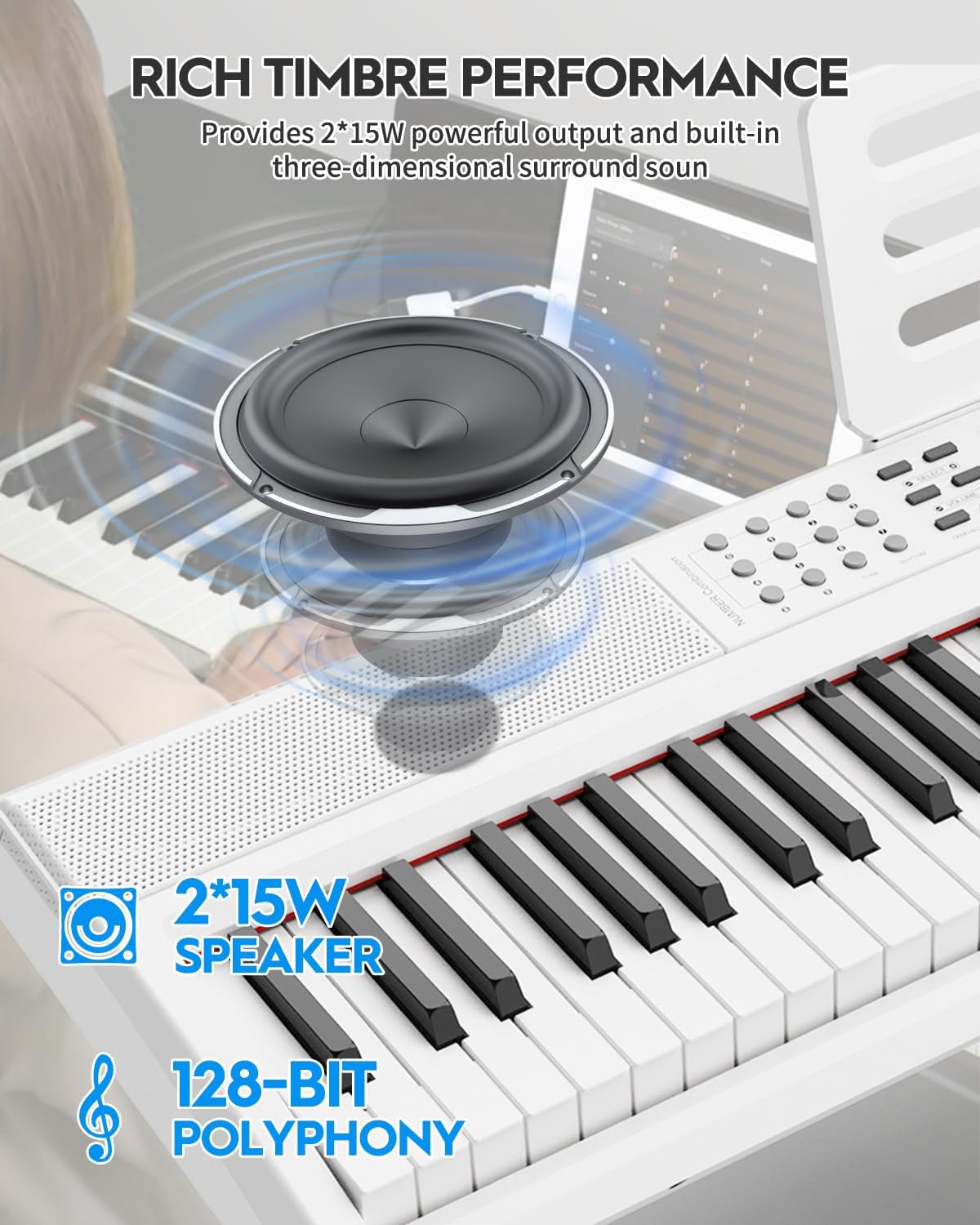 STRICH 88 Keys Weighted Keyboard with Sustain Pedal, Hammer-Action Digital Piano, 2x15W Built-In Speakers, Full-size Electric Piano Keyboard Supports USB-MIDI/Wireless Connect, White, SDP-120