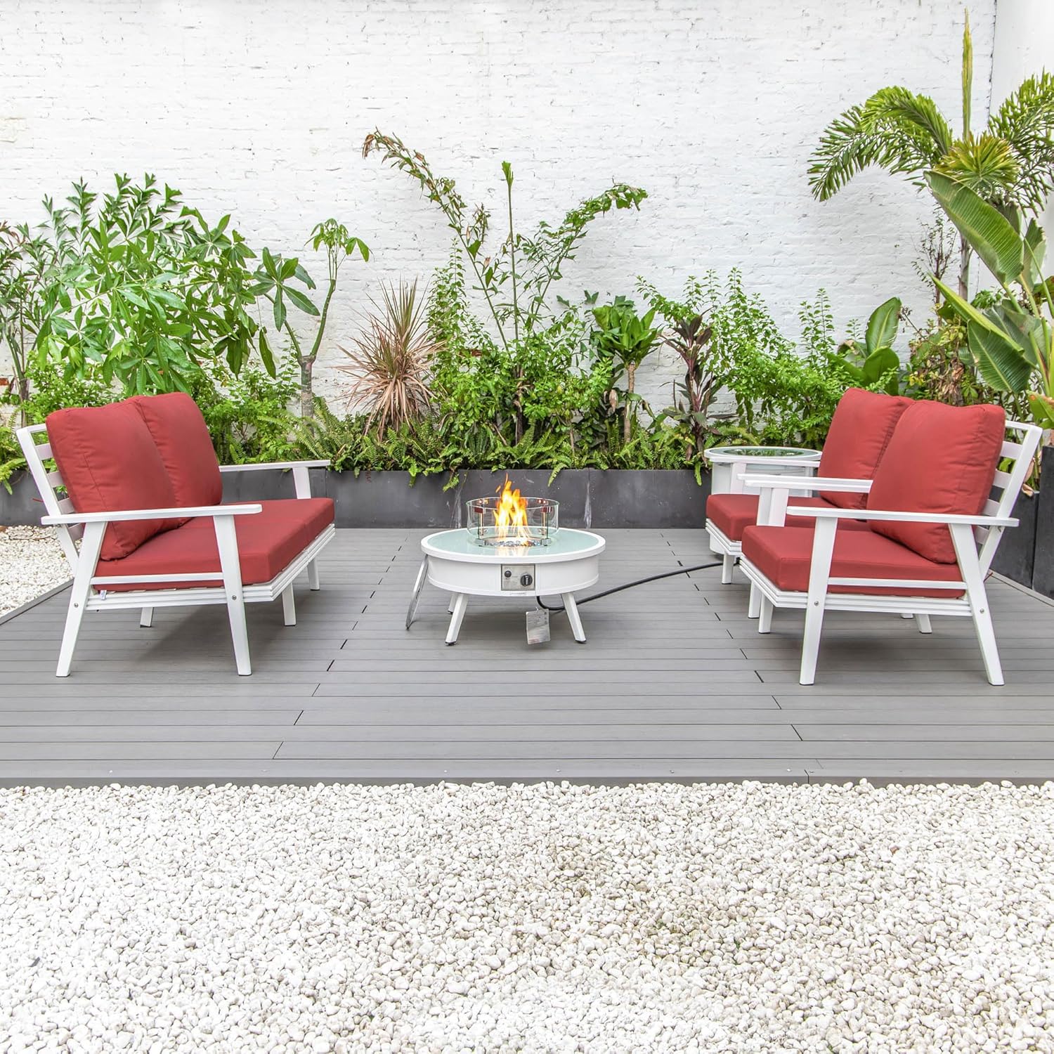 LeisureMod Walbrooke Modern Aluminum 5-Piece Patio Conversation Set with Outdoor Round Firepit Side Table Tank Holder, Red