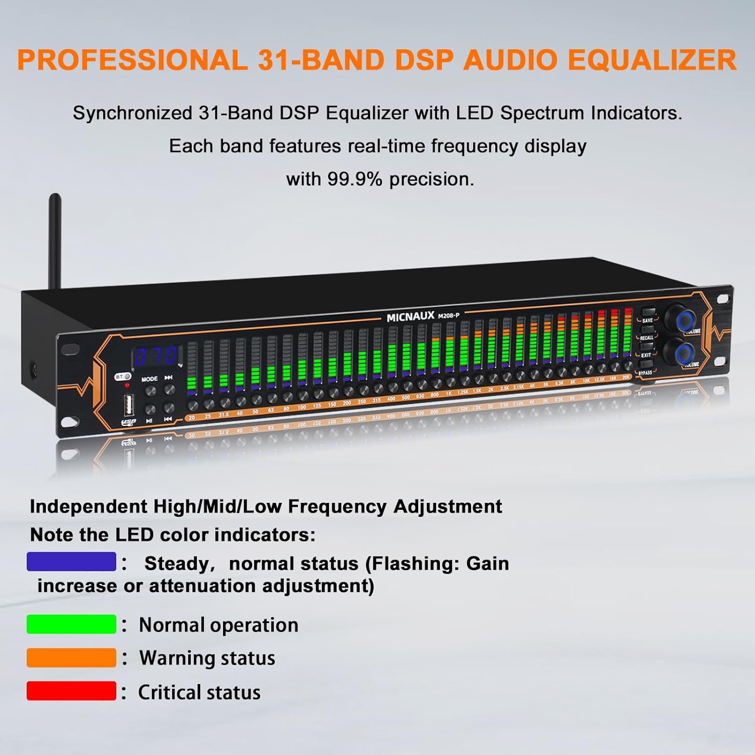 Equalizer for Home Stereo Audio System, Professional 31-Band Graphic Equalizer Rack Mount Music Digital EQ Studio Equalization with Spectrum Analyzer Display & Noise Reduction
