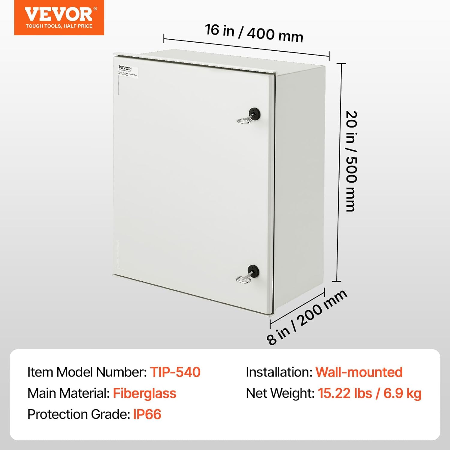 VEVOR Fiberglass Enclosure 19.7 x 15.7 x7.9 Electrical Enclosure Box NEMA 3X Electronic Equipment Enclosure Box IP65 Weatherproof Wall-Mounted Electrical Enclosure with Hinges & Quarter-Turn Latches