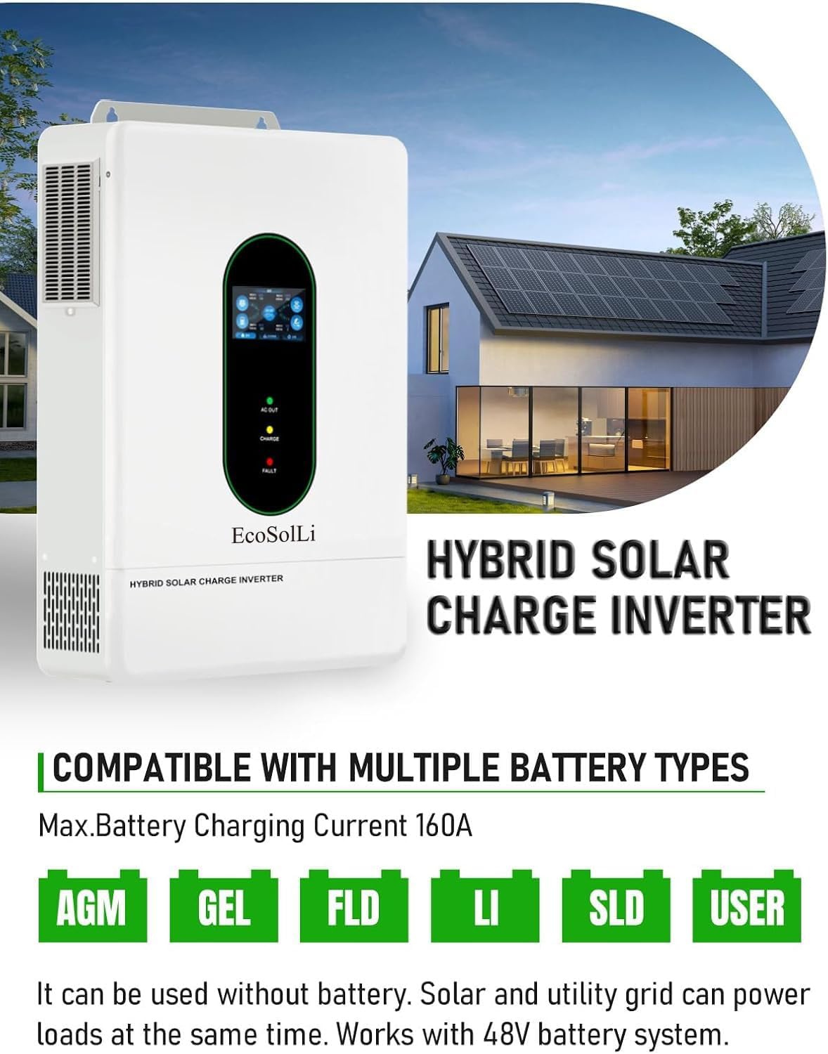 12000W Hybrid Inverter, 48V Split Phase Solar Inverter with WiFi, 120V/240V AC Input/Output (settable), Built-in 2 MPPT Solar Controllers, Max. 6 Parallel for Home, RVs, Lead Acid/Li