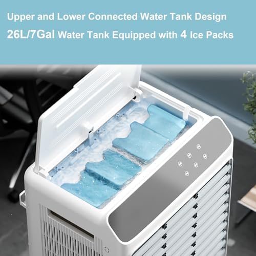 Indoor Windowless Air Conditioner, Swamp Cooler Fan and Humidifier with 7Gal Tank, Remote, 4 Ice Packs, 3 Speeds, 3 Modes, 12H Timer, Evaporative Cooler for Room Indoors(77cm/31in)