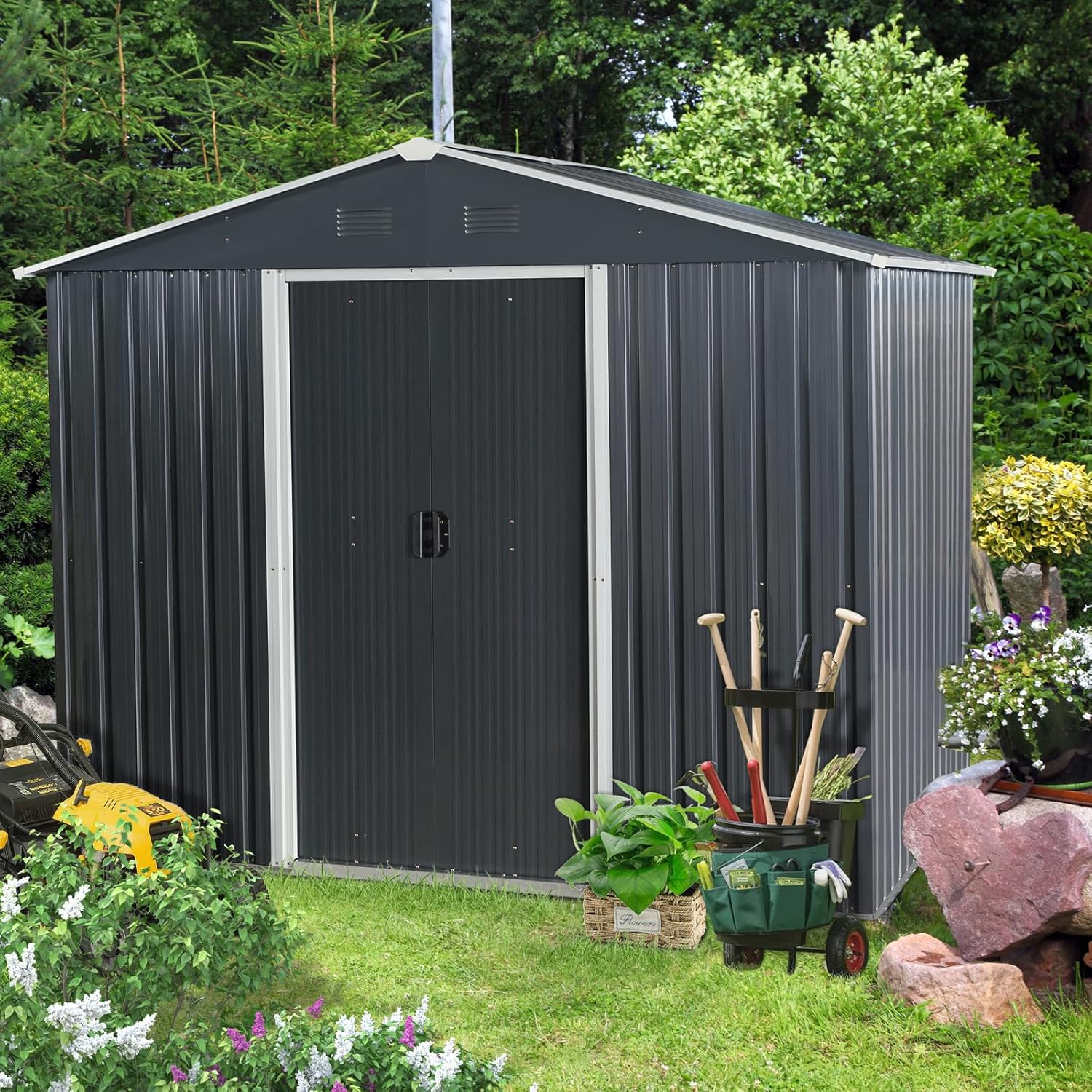 ft x 6ft Outdoor Metal Storage Shed with Metal Foundation, Heavy-Duty Galvanized Steel Garden Tool Storage, Weatherproof Utility Shed for Backyard, Patio, Lawn (Black)