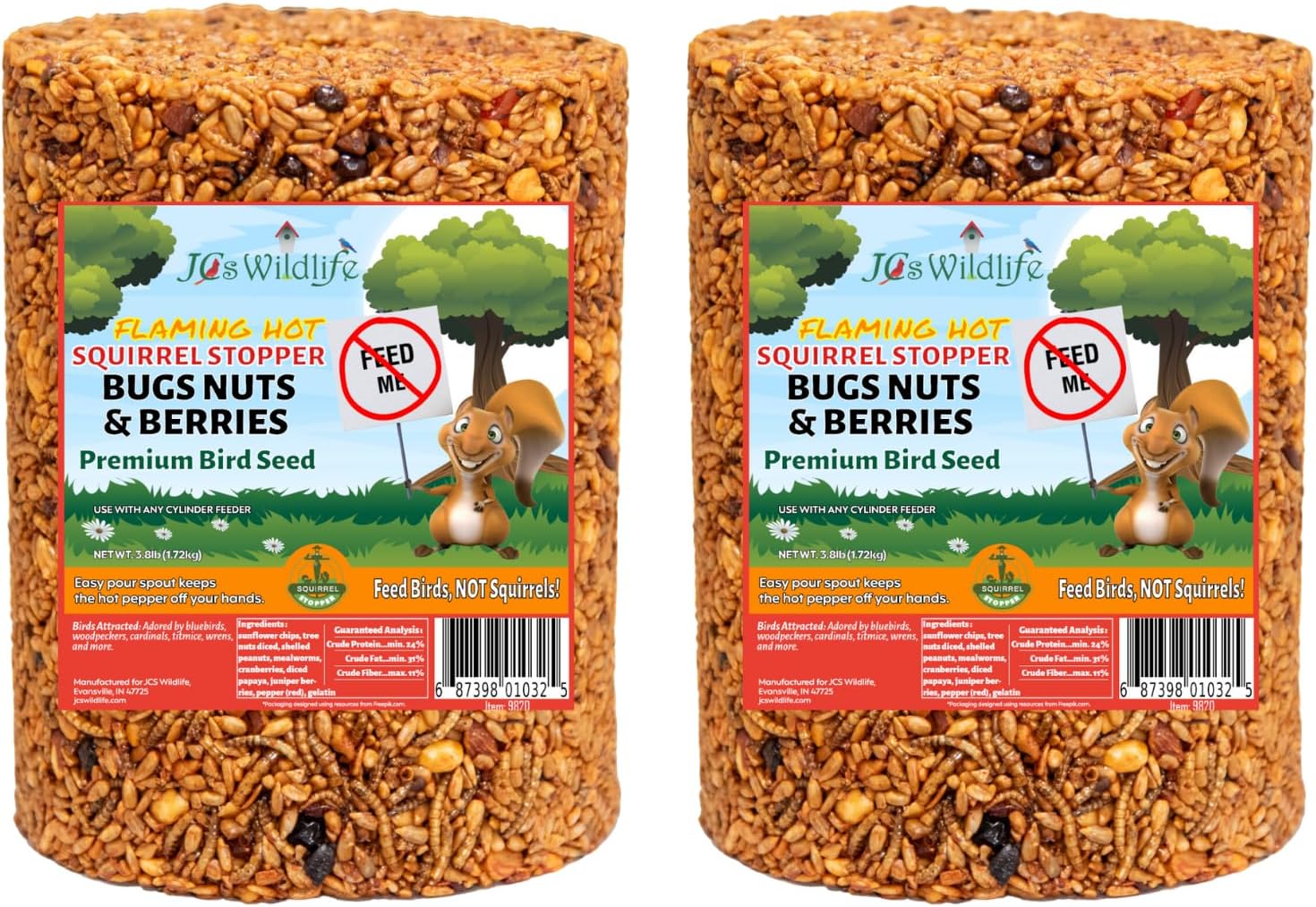 JCs Wildlife Squirrel Stopper Bugs Nuts & Berries Large Cylinder with Hole 3.8lbs (2-Pack)
