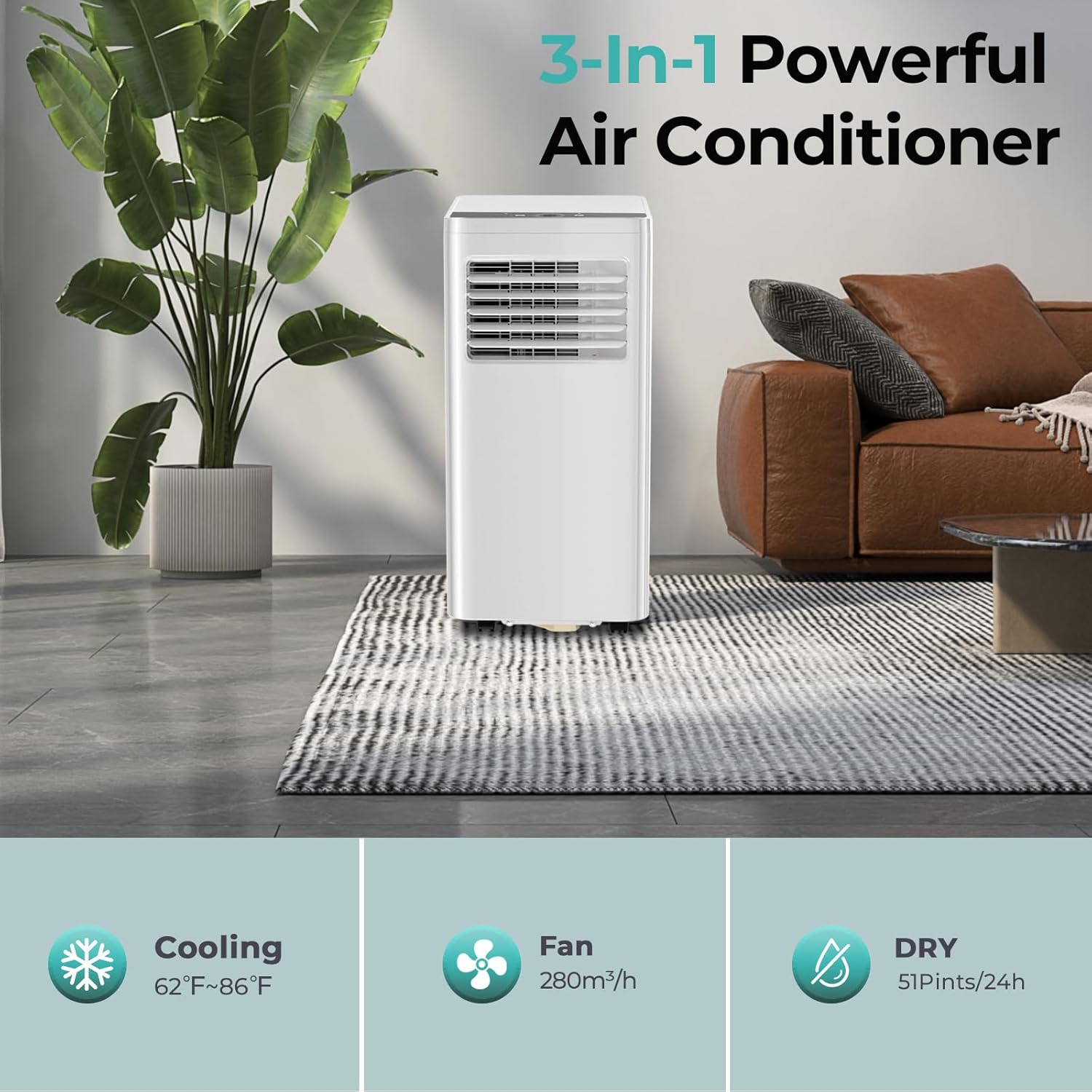 R.W.FLAME 8,000 BTU Portable Air Conditioner, 3-in-1 Portable AC Unit, 4 Modes with 24H Timer/LED Display/Remote Control/Installation Kits for Bedroom/Living Room/Dorm/Office, White