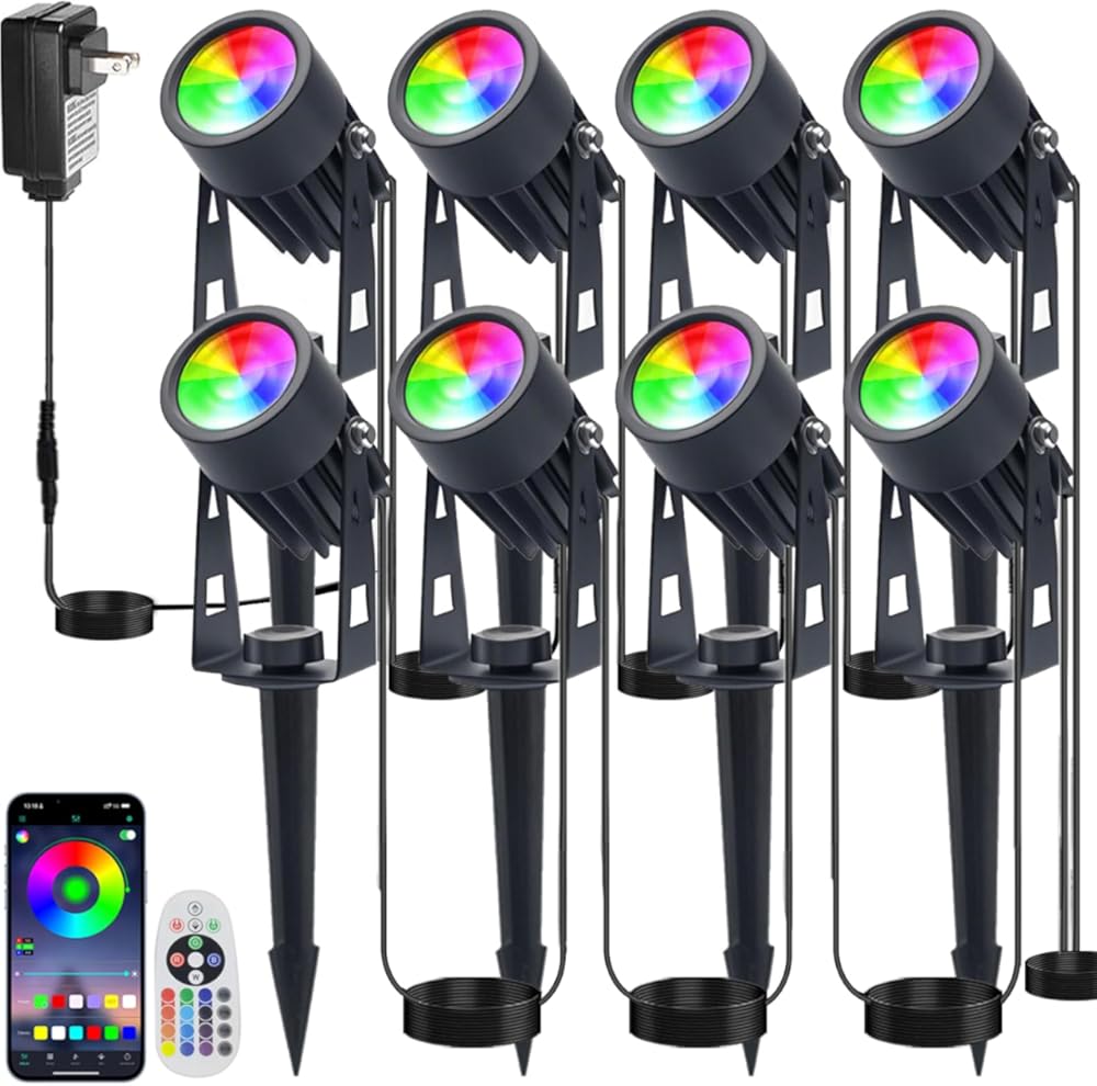 Smart RGB Low Voltage LED Spotlights, APP & Remote Control,Synchronous Dimming Lighting System, IP65 Waterproof,16 Million Colors for Outdoor Landscape,Yard,Garden,Holiday Decoration (8 Pack)
