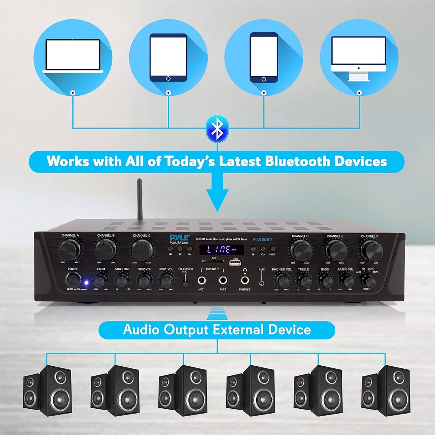 Pyle Wireless Home Audio Amplifier System - Bluetooth Compatible Sound Stereo Receiver Amp, 6 Channel 600W Power, Digital LCD, Headphone Jack, 1/4'' Microphone IN USB SD AUX RCA FM Radio - PTA66BT.6