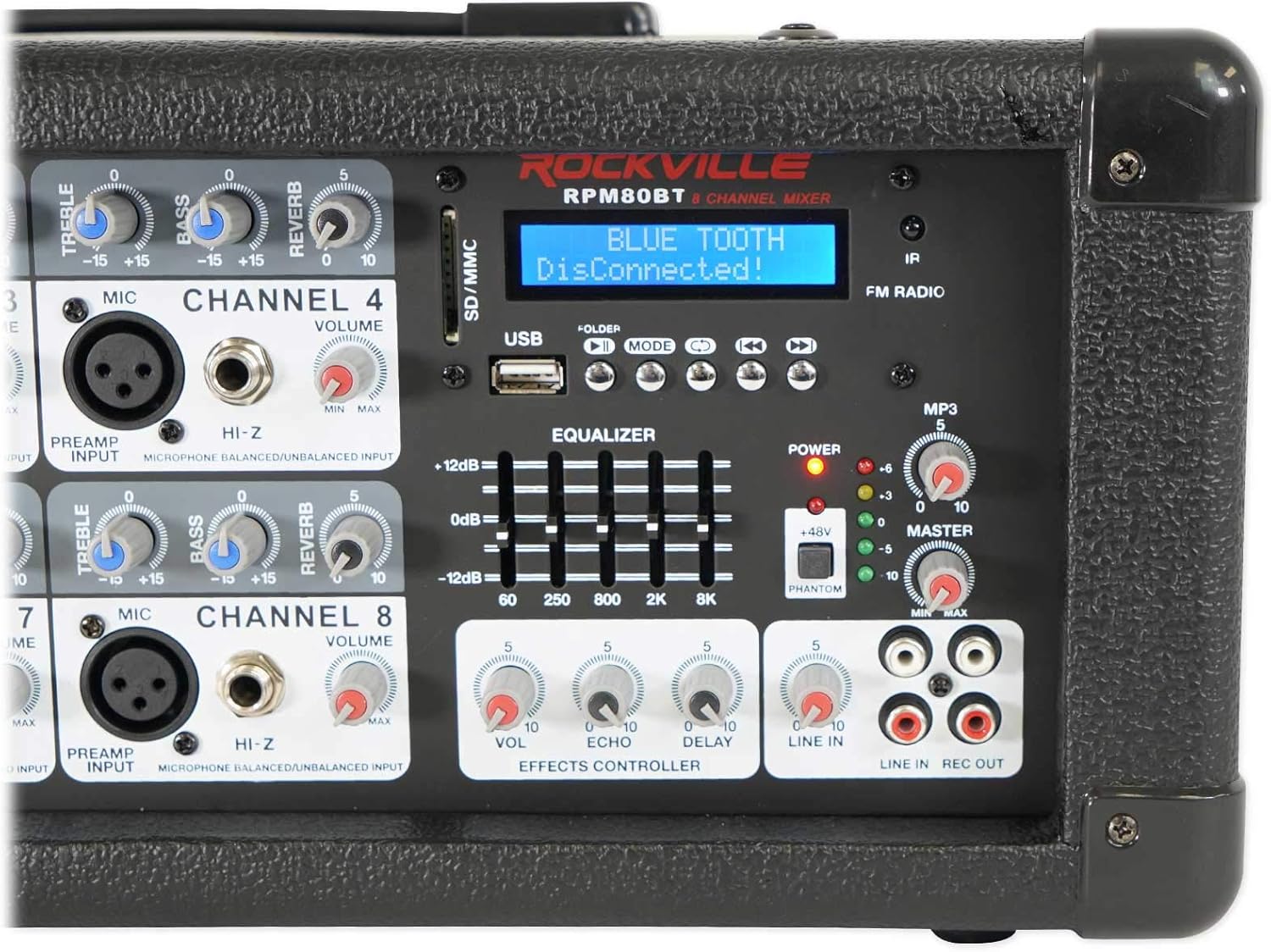 Rockville RPM80BT 2400w Powered 8 Channel Mixer/Amplifier w/Bluetooth/EQ/Effects