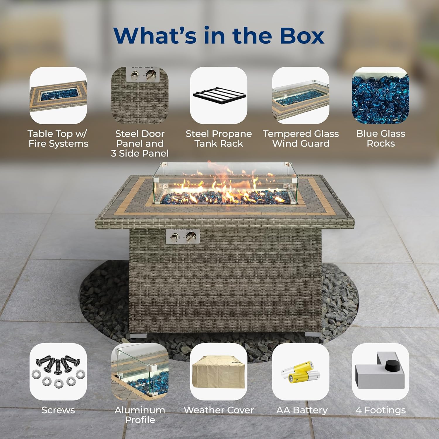 SereneLife Sturdy Wicker Base Propane Fire Pit Table with Tile Top, Patio Heater & Propane Heater, Sliding Door, Stainless Steel Burner, Tempered Glass Wind Guard, 50000 BTU, Weather Resistant