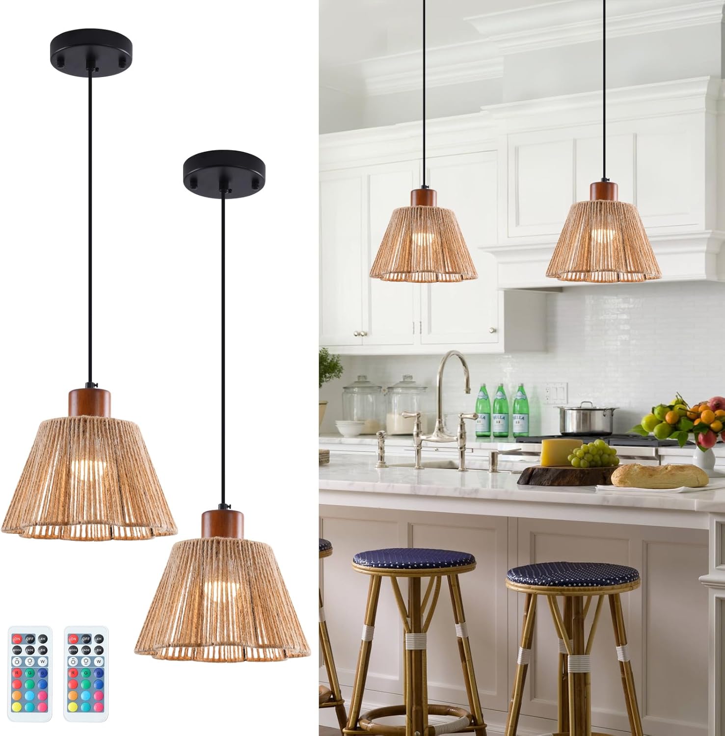 Dijiahua Boho Rattan Battery Operated Pendant Lights Kitchen Island 2 Pack with Remote Control,Wireless Rechargeable 12 RGB Color Temperatures Lamp with Woven Shade, Indoor Hanging Lighting