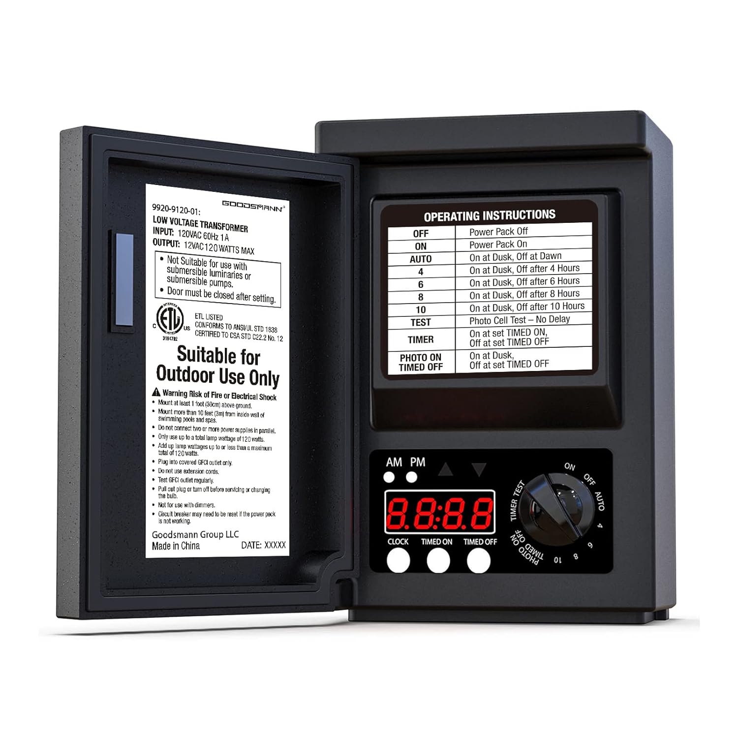 GOODSMANN Low Voltage Transformer 120W Outdoor Lighting Transformer for Landscape Lights with Photo Eye Sensor and Timer 120V AC to 12V AC 9920-9120-01