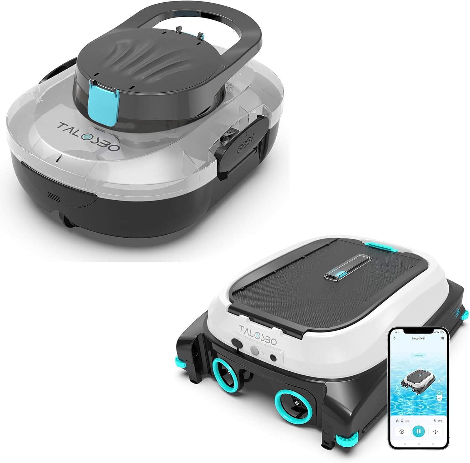 Pleco S1 Cordless Pool Vacuum Robotic Pool Cleaner with 75-80Mins Runtime & Pleco SK01 Solar Powered Robotic Pool Skimmer with APP Support, 24/7 Cleaning