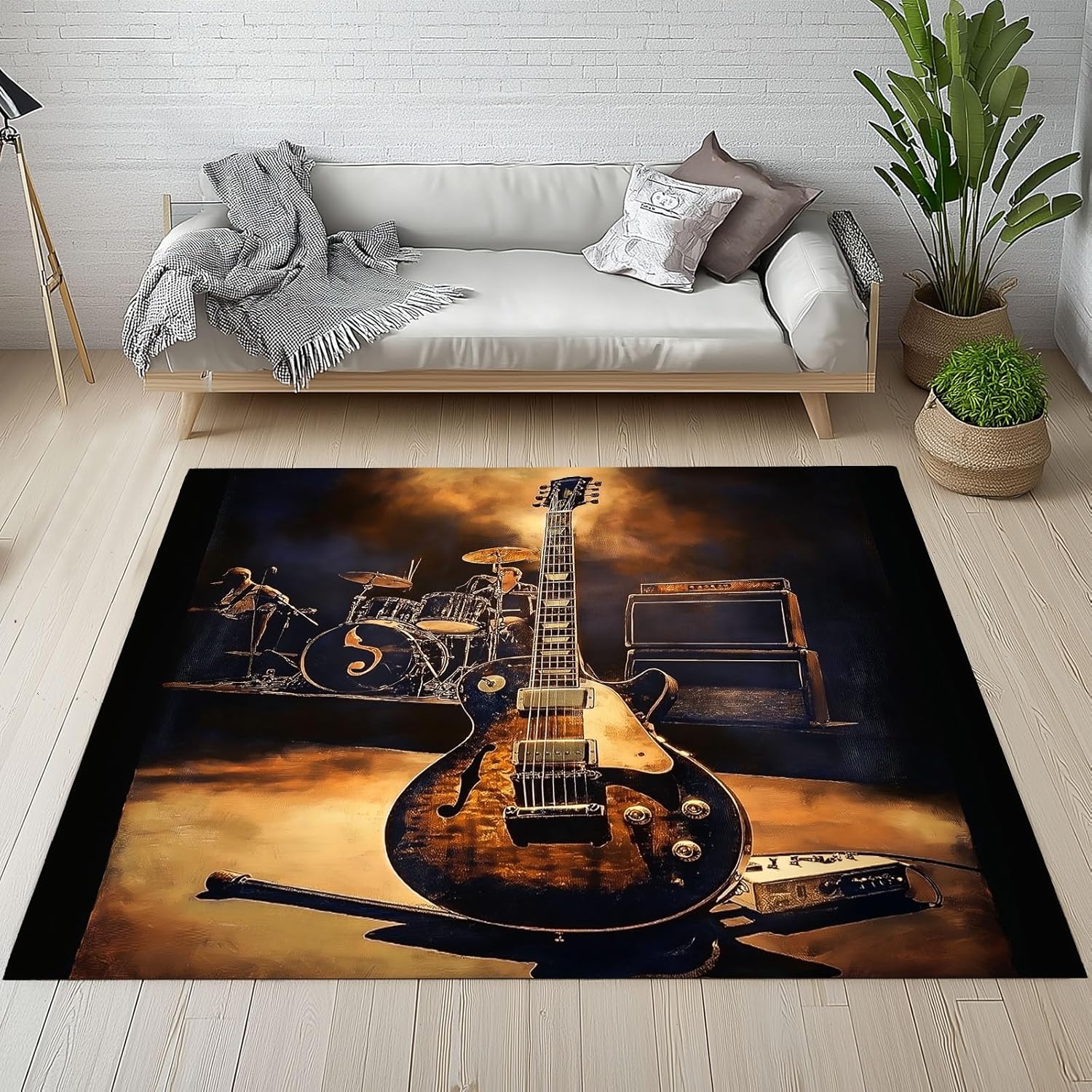 Vintage Music Rug for Living Room, Electric Guitar Drum Kit Rug for Bedroom, 4x5 Area Rugs, Rock Instrument Carpet, Office Dining Room Throw Rugs, Machine Washable, Non Slip, Low Pile
