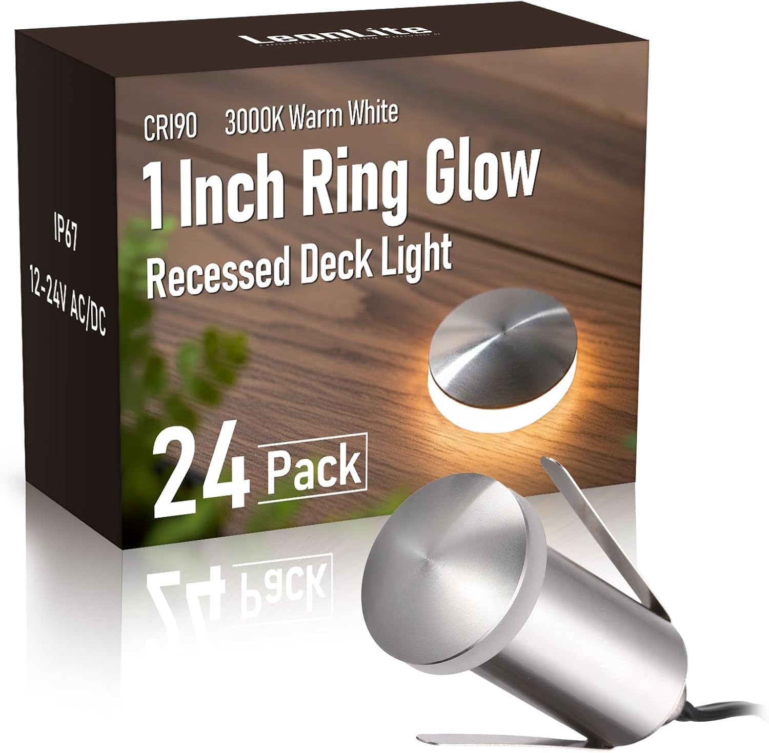 LEONLITE 24-Pack Low Voltage Recessed LED Deck Light, IP67 Waterproof, 12-24V AC/DC, 360° Ring Glow In-Ground Light, 1W 3000K 1.3-Inch Mini Flush Mount, Stainless Steel for Deck Patio Garden Edge