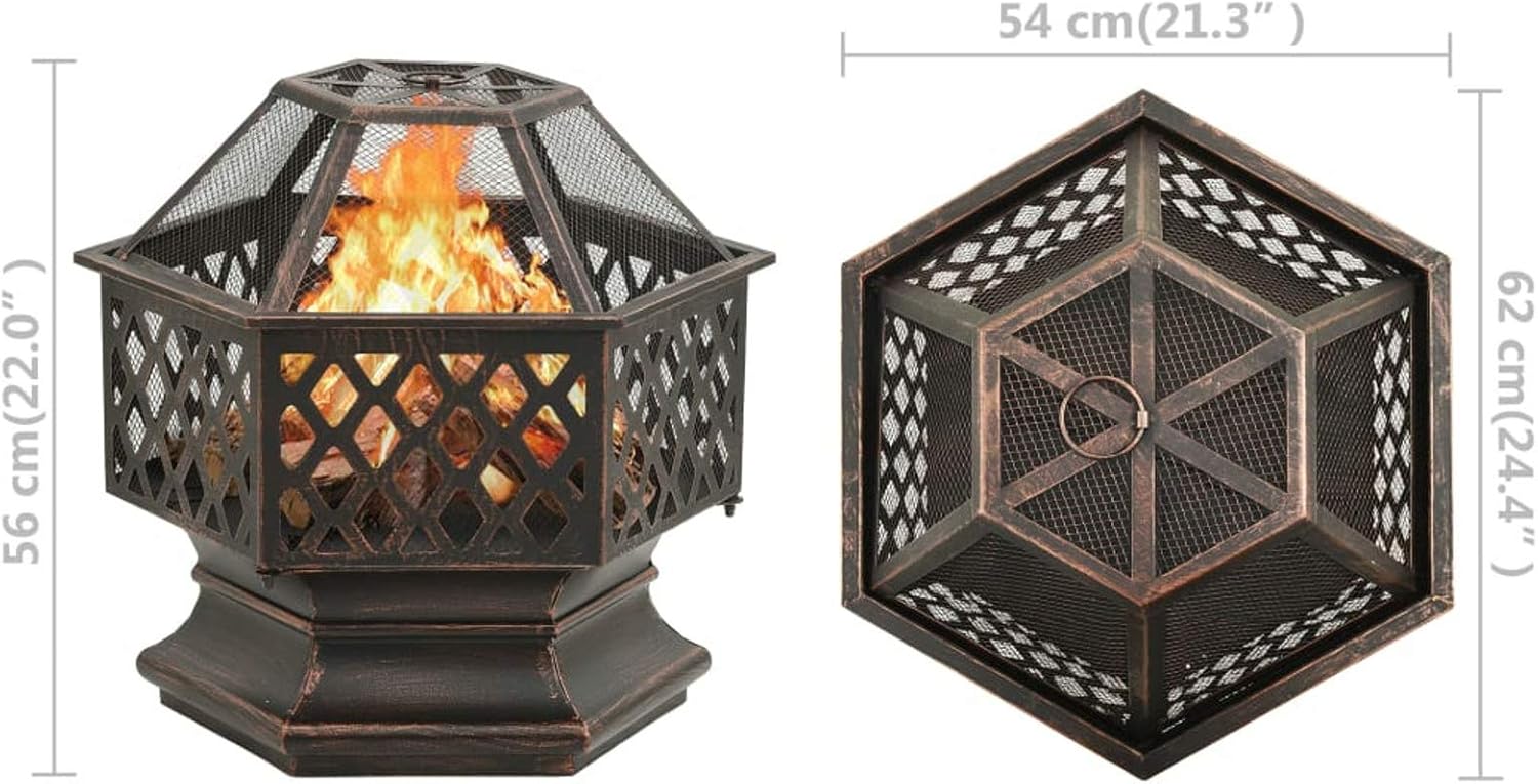 Rustic Fire Pit with Poker, XXL Steel Fire Bowl 24.4x21.3x22 Inch with Mesh Cover for Outdoor Garden and Patio