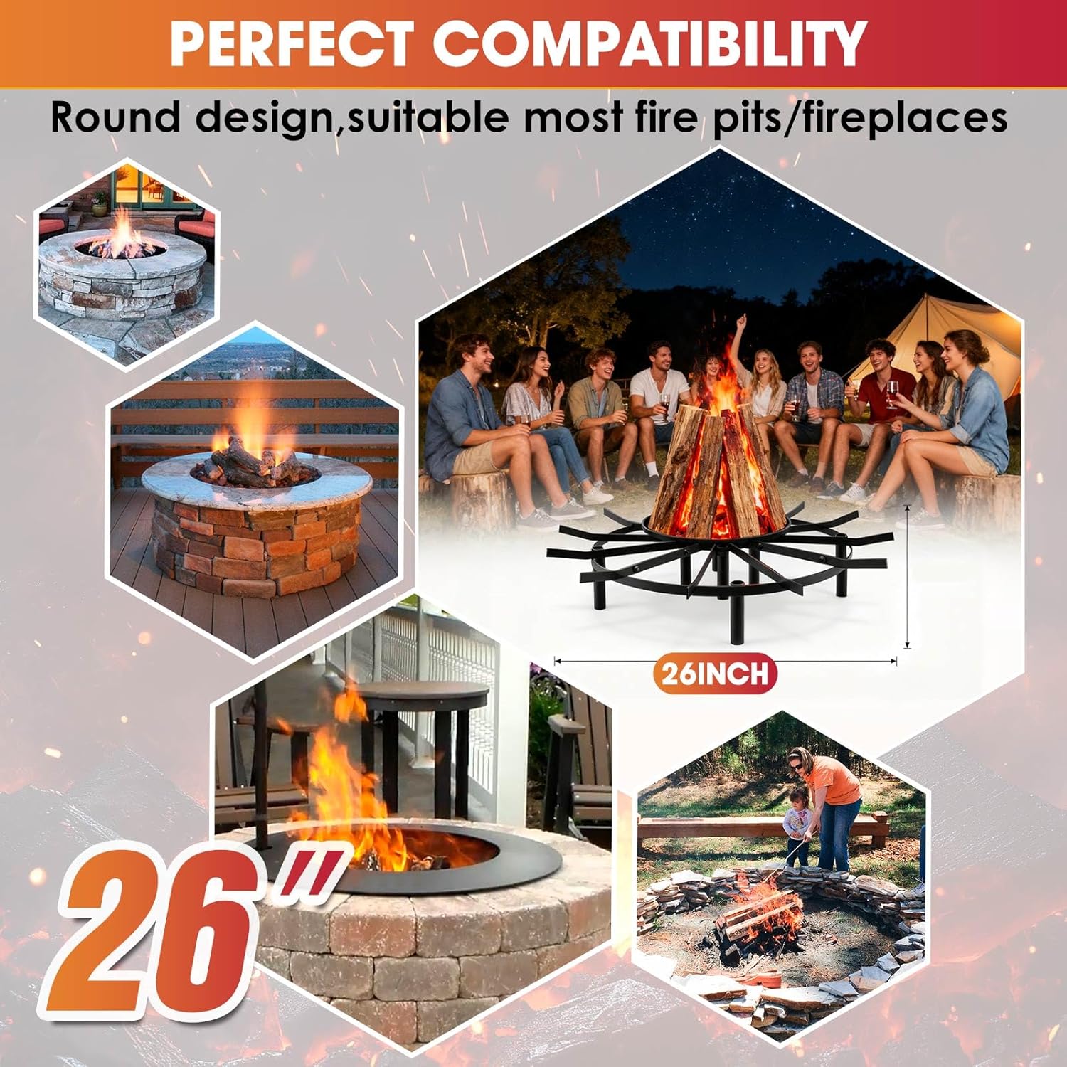 Fire Pit Grate & Fireplace Grate, Heavy Duty Heat Resistant Campfire Grill for Campfires and Outdoor fire pits(Black, 26 in)