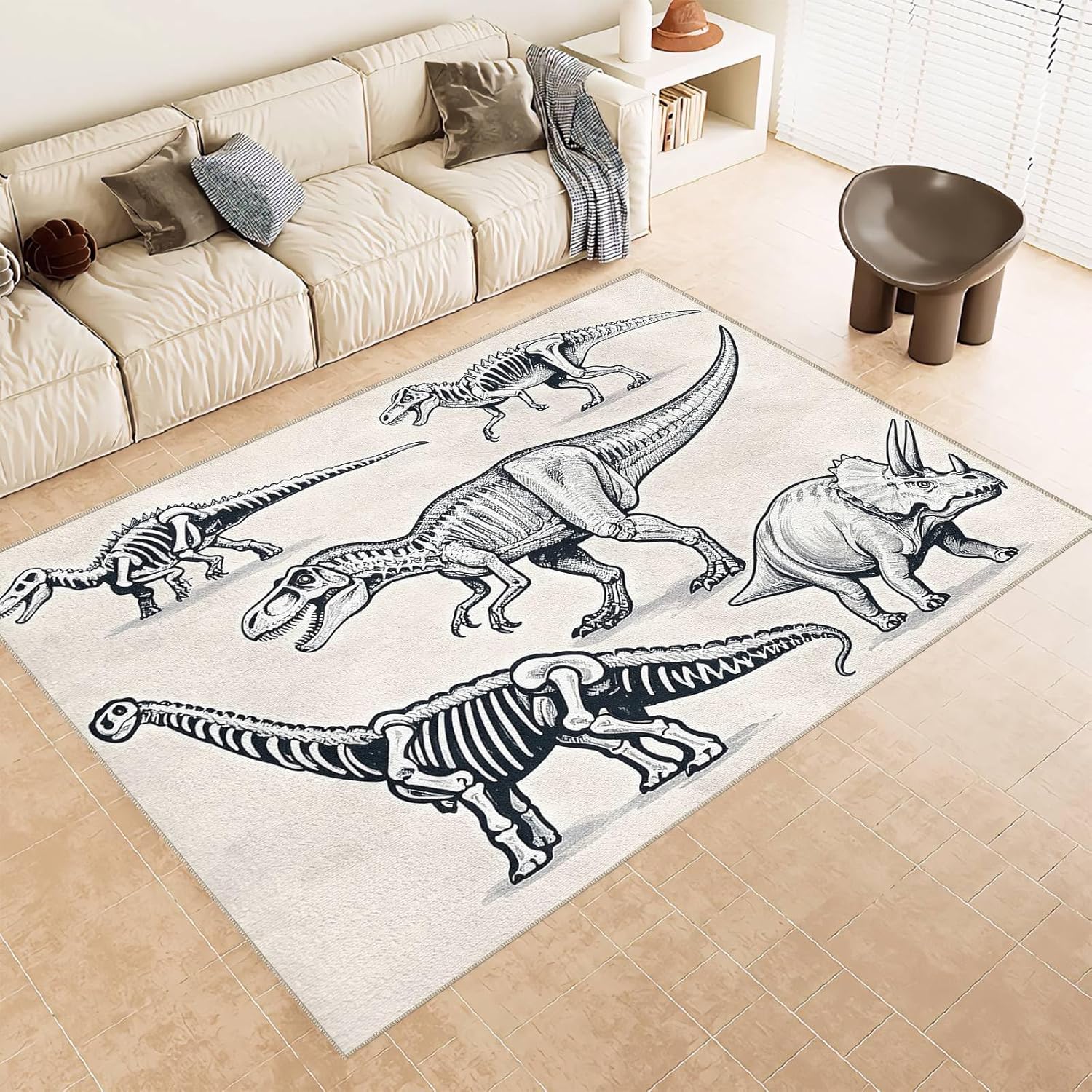 Dinosaur 8x10 Area Rugs Dino Area Rug, Ultra Soft Faux Wool Retro Rugs for Bedroom, Dining Room, Non Slip&Non-Shedding Low Pile Print Rug Indoor Large Carpets for Home Office Decor