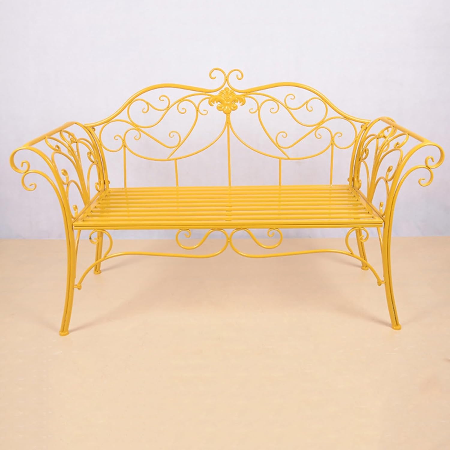 Outdoor Garden Metal Bench for 2-3 People, Patio Furniture with Backrest & Armrests, Yellow Seating for Balcony, Front Porch, Courtyard & Park