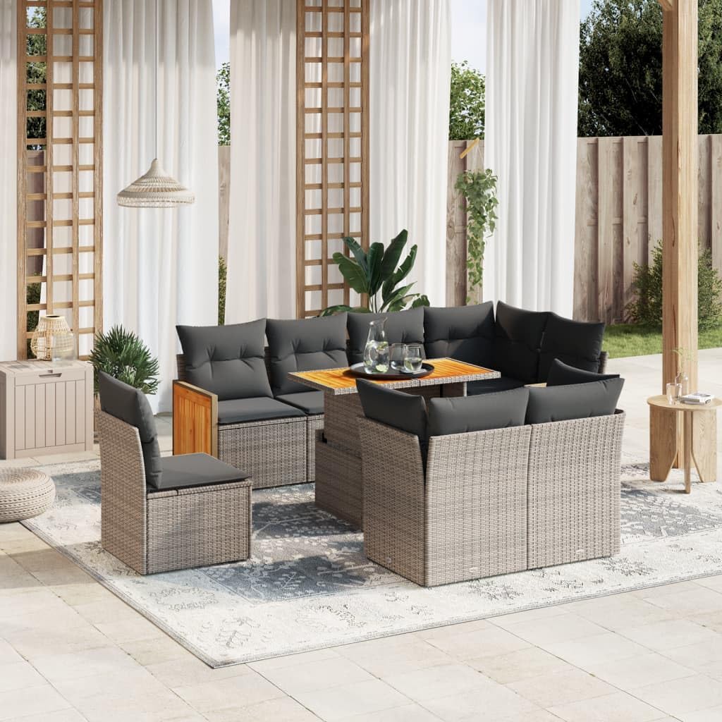 Garden Sofa Set Grey PE Rattan 9 Piece, Outdoor Sectional Furniture with Acacia Wood, Adjustable Feet for Patio, Balcony, Dining Area